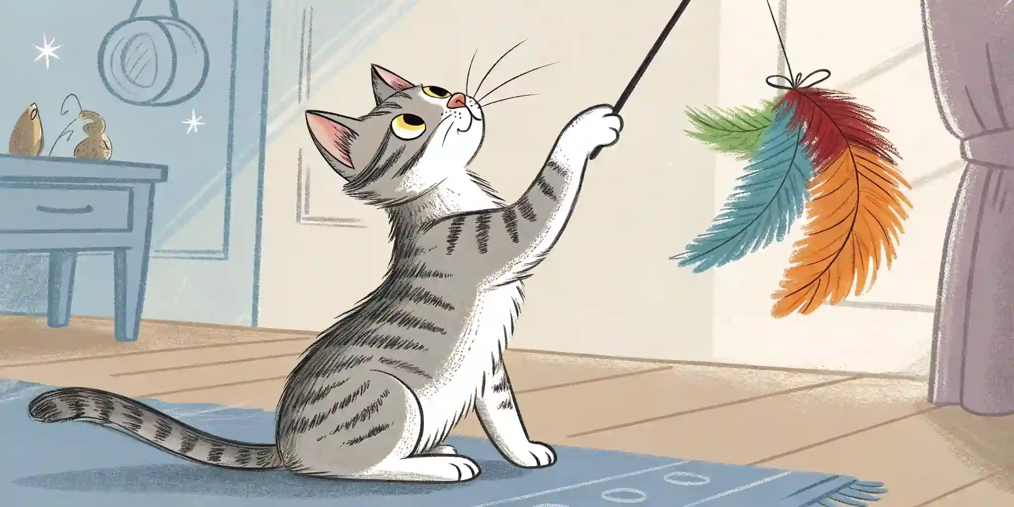 Cat playing with a feather wand toy, focused and engaged
