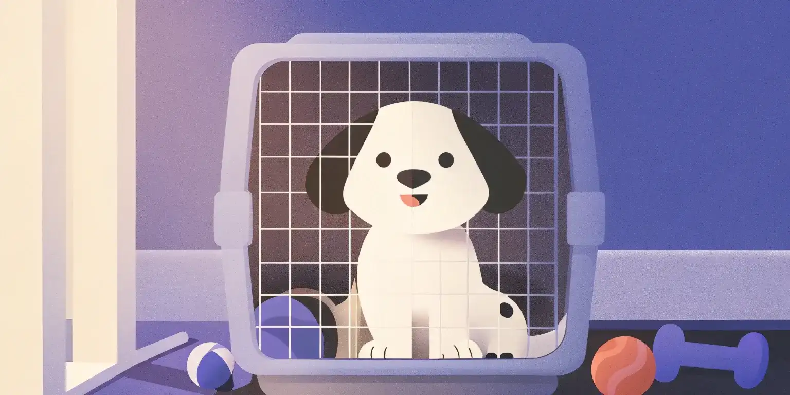 Adorable puppy in a crate with toys