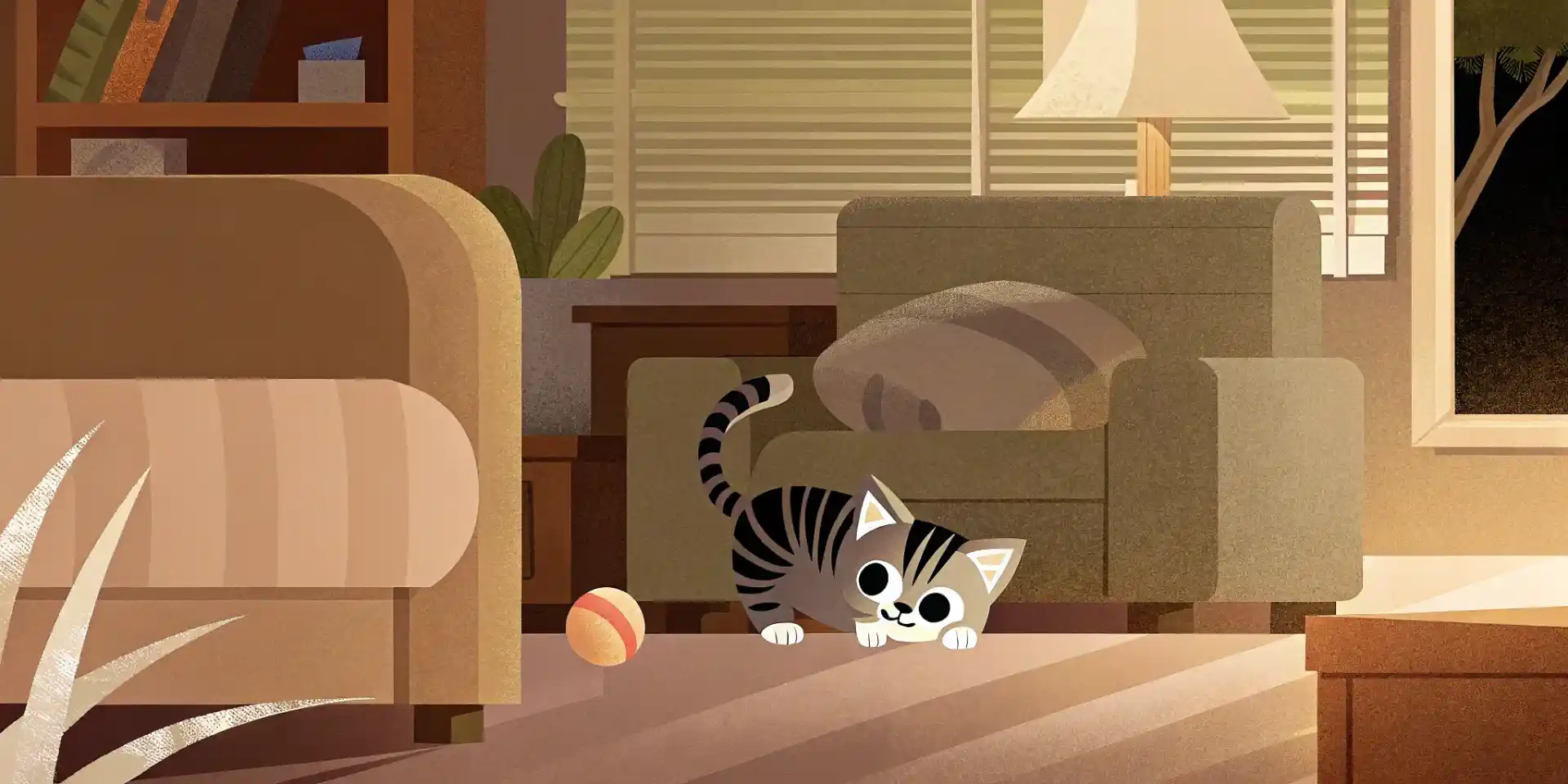 Kitten exploring a living room under supervision