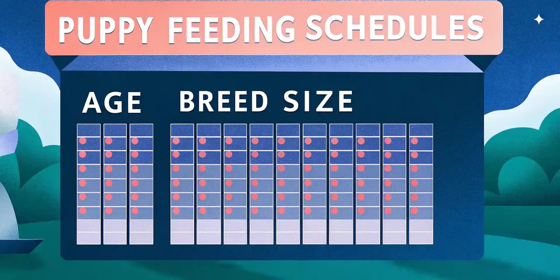 A chart showing puppy feeding schedules based on age and breed size