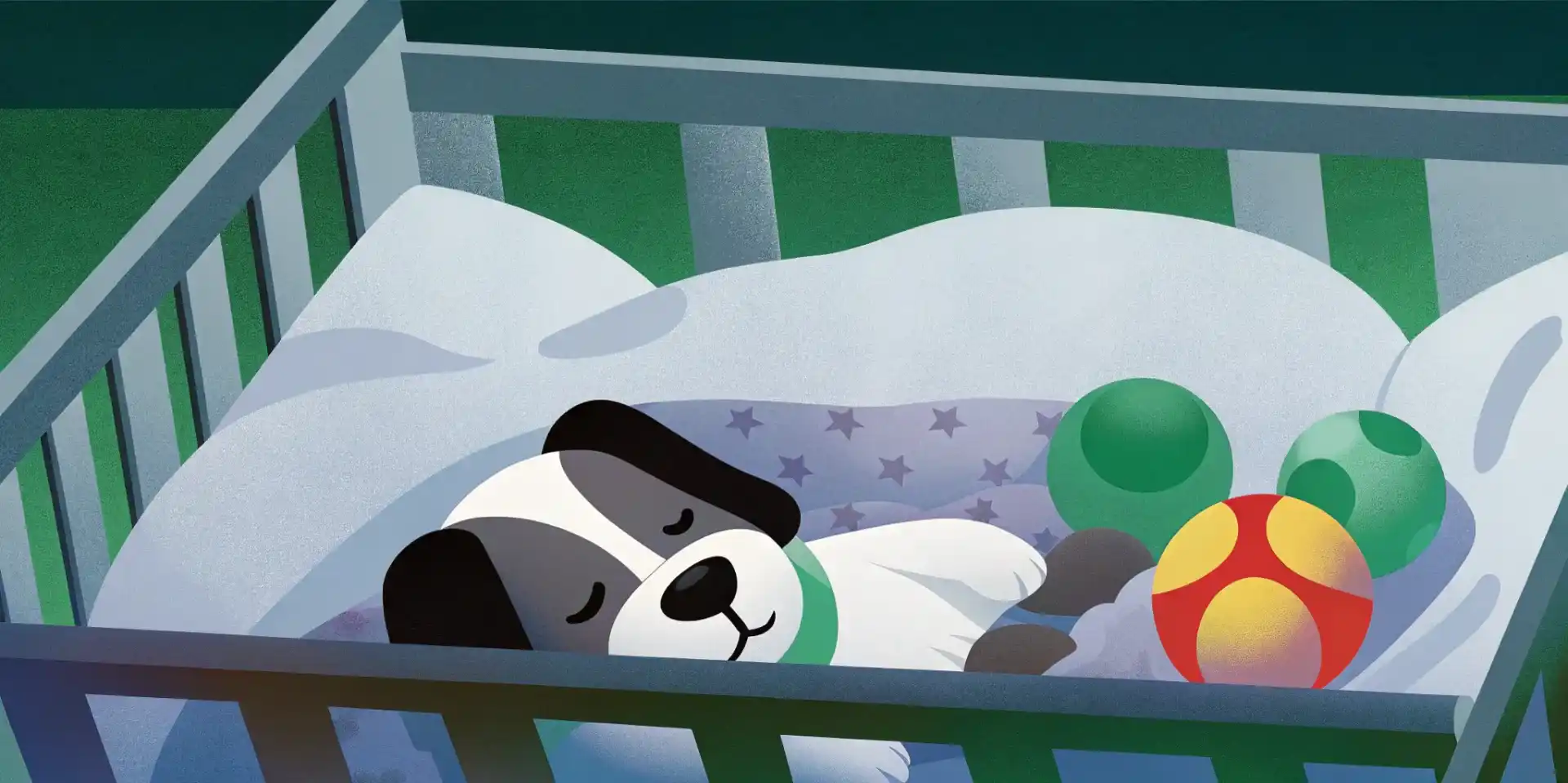 Puppy sleeping peacefully in a crate with a soft blanket and toys