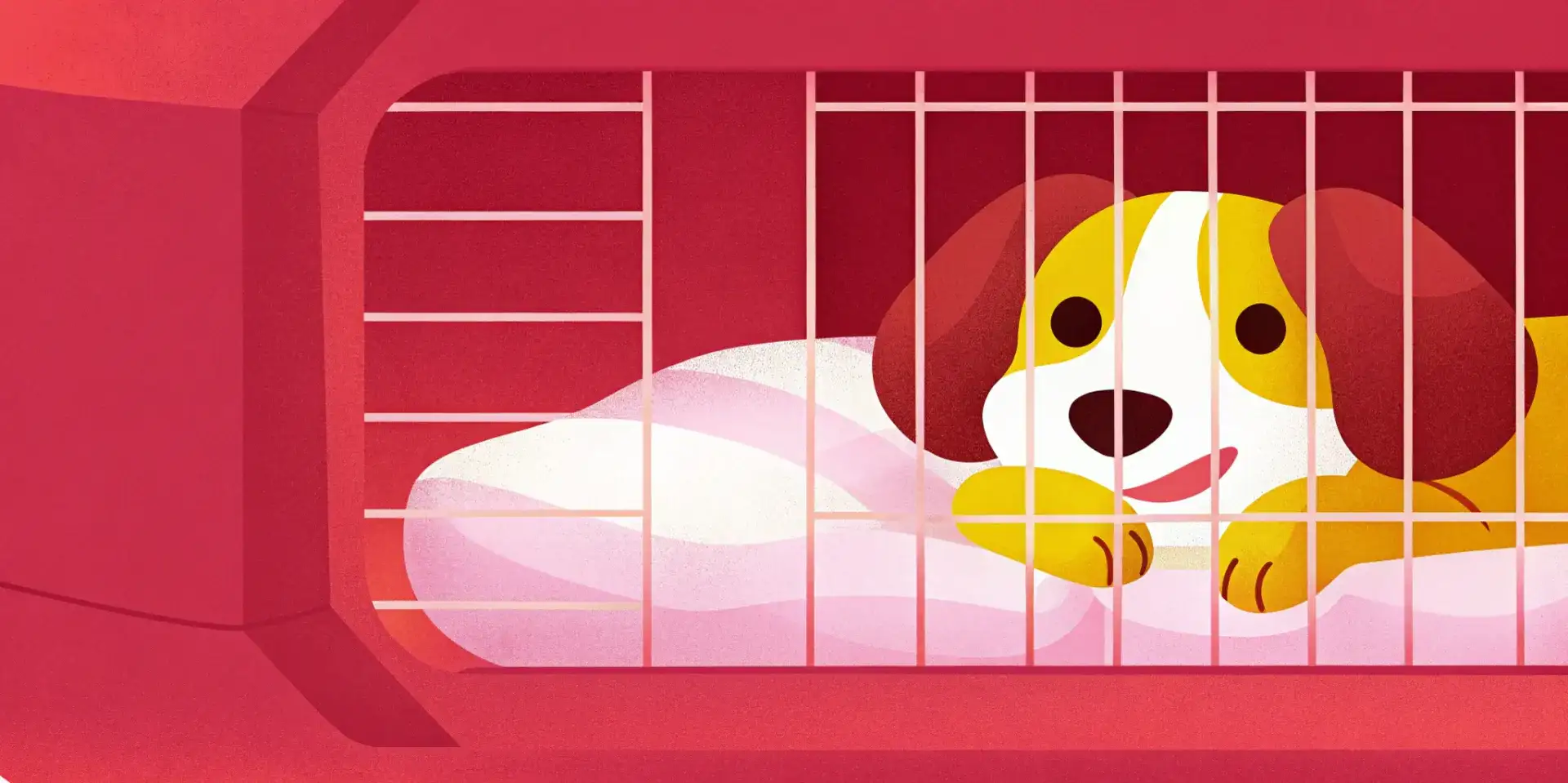 Happy dog relaxing inside a crate