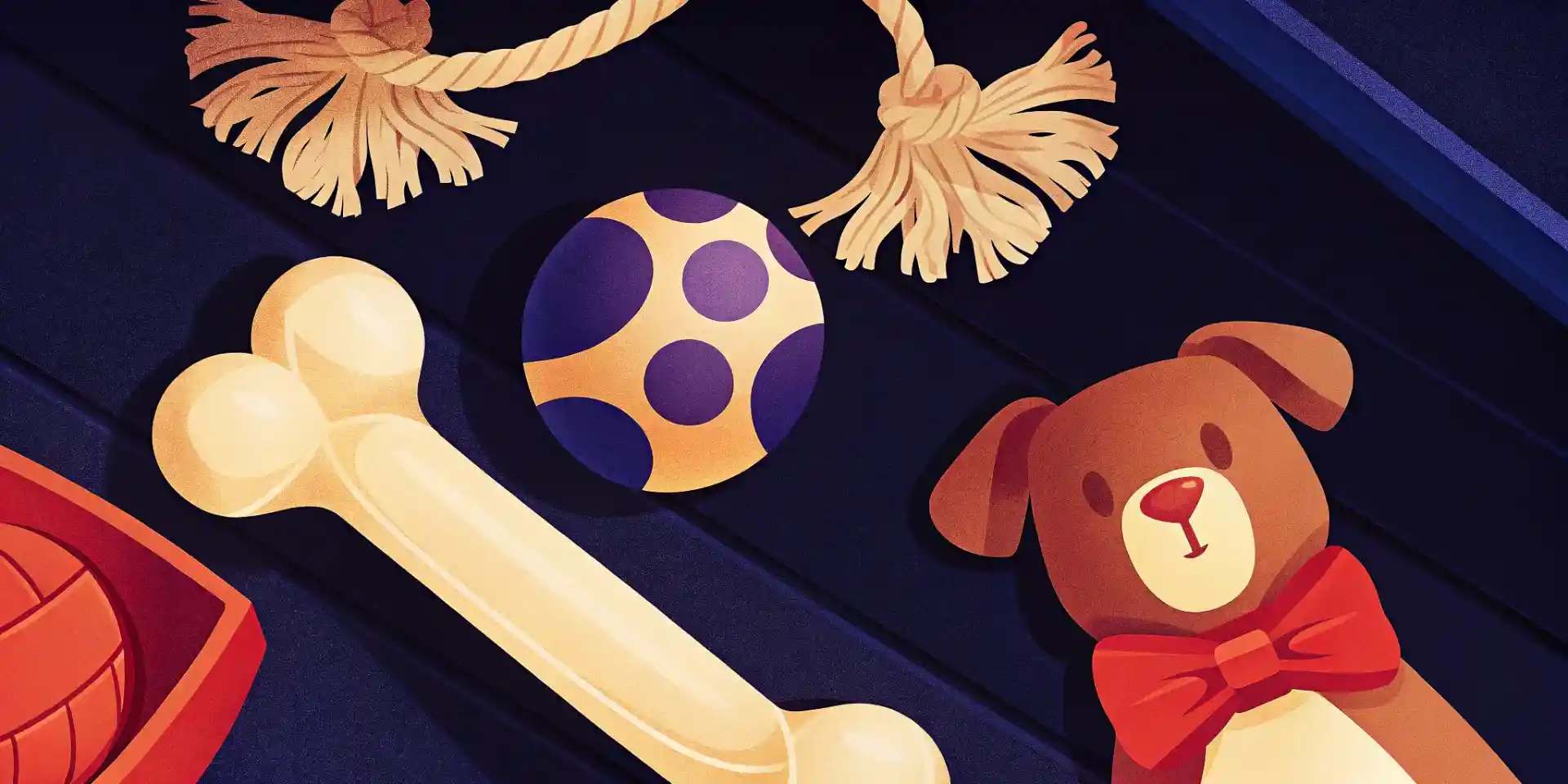 A selection of dog toys including a rope toy, a squeaky ball, and a plush toy