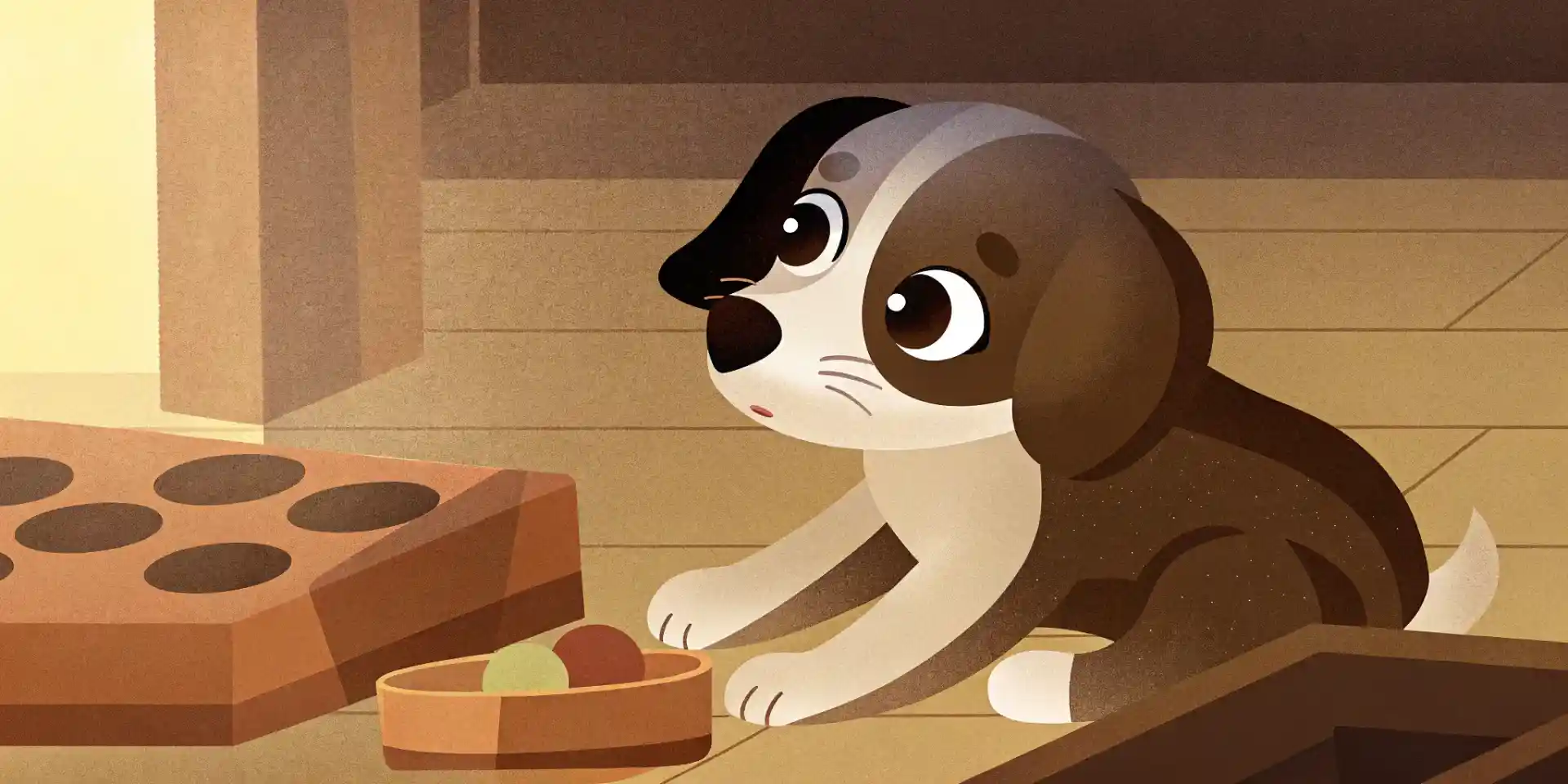 Puppy with a puzzle toy