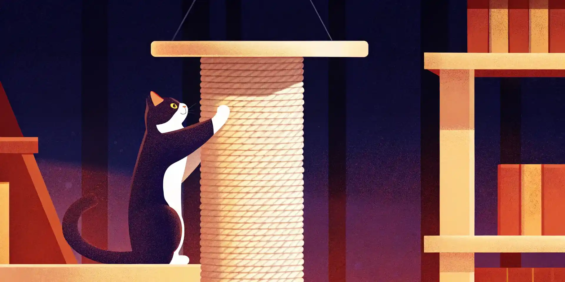 Cat stretching on a tall scratching post
