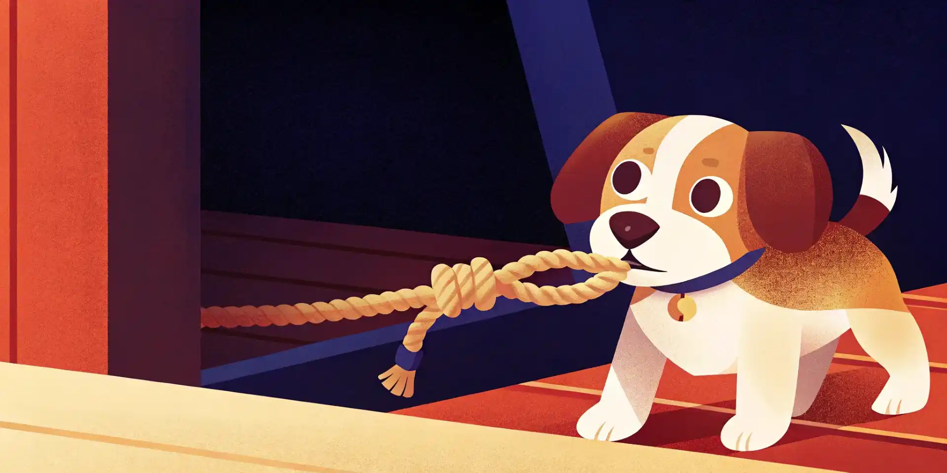 A playful puppy with a tug rope