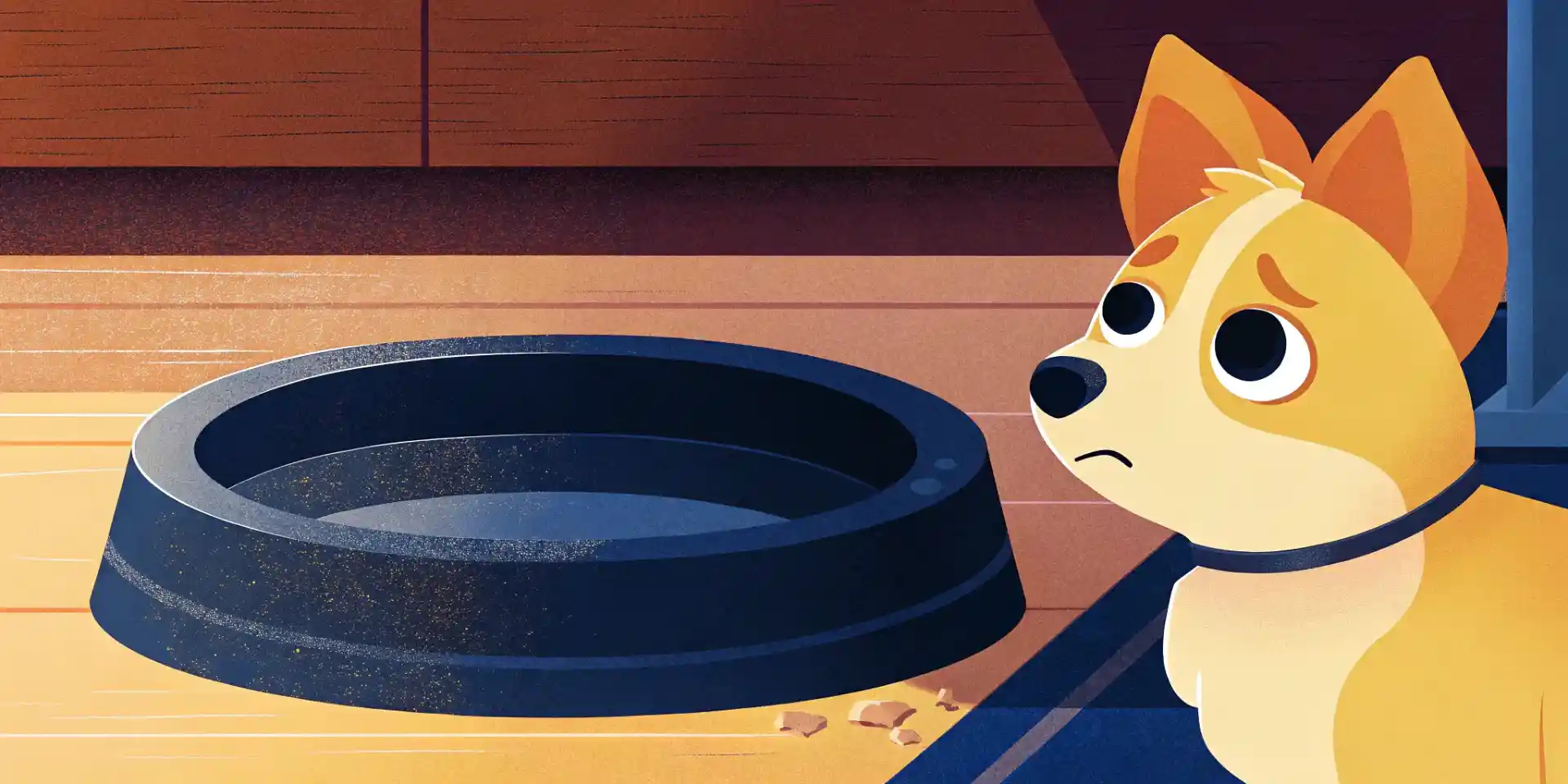 A concerned puppy looking at their food bowl