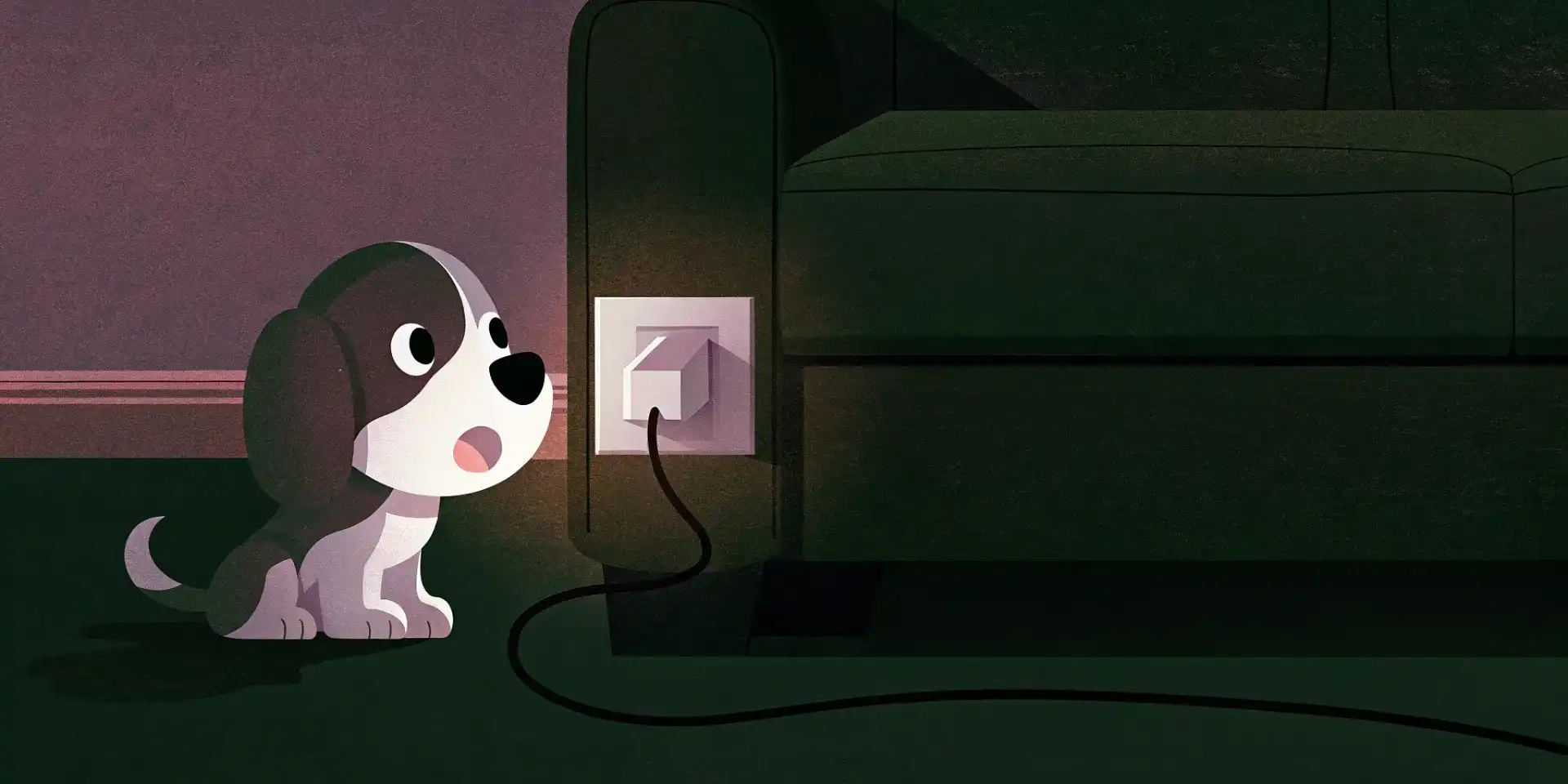 Cute puppy looking curiously at a power outlet