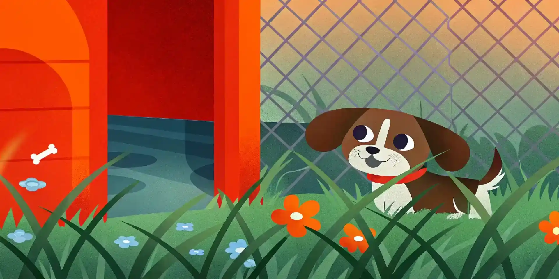 Puppy playfully exploring a fenced backyard