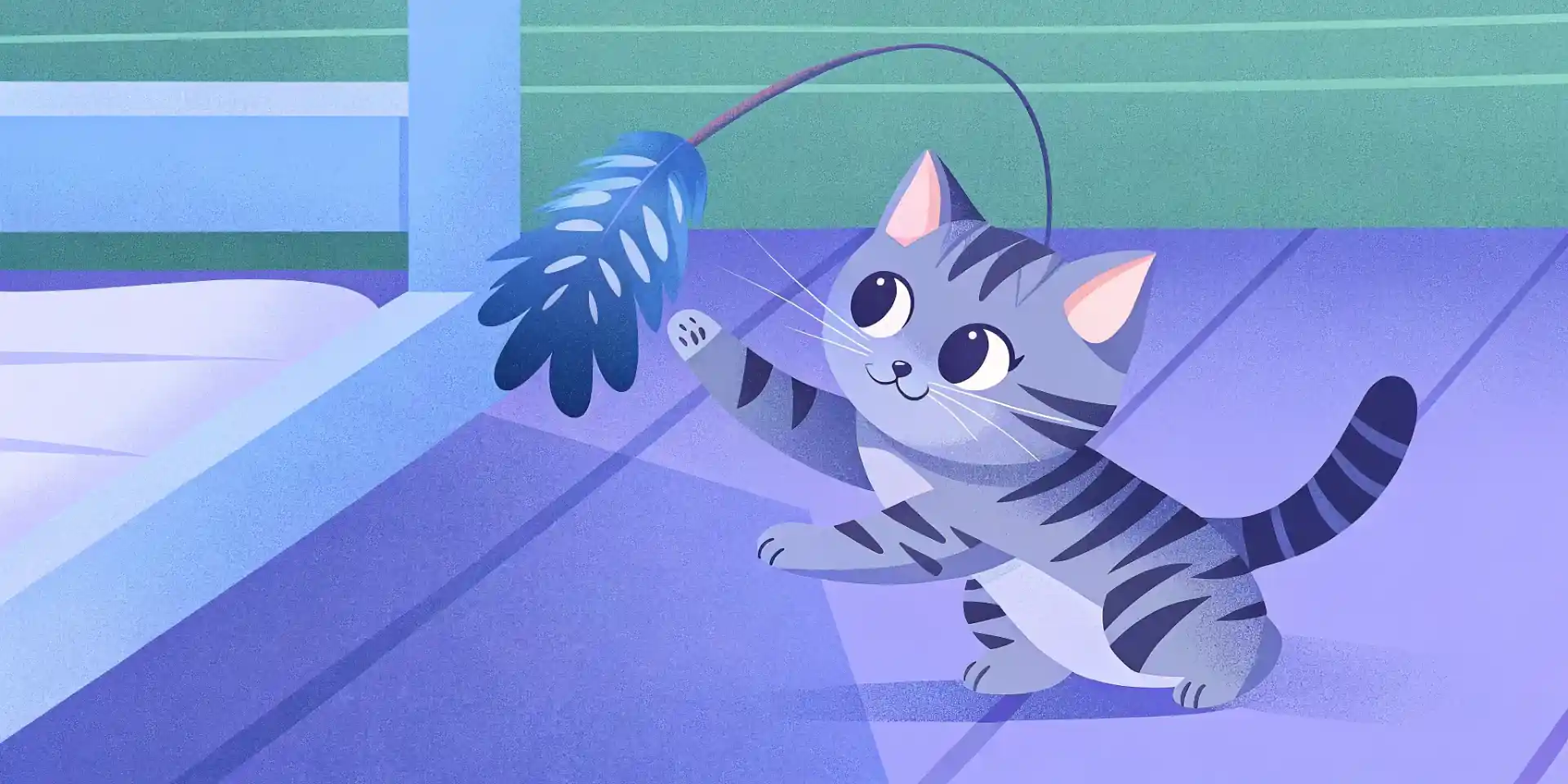 A young tabby kitten playing with a feather toy.