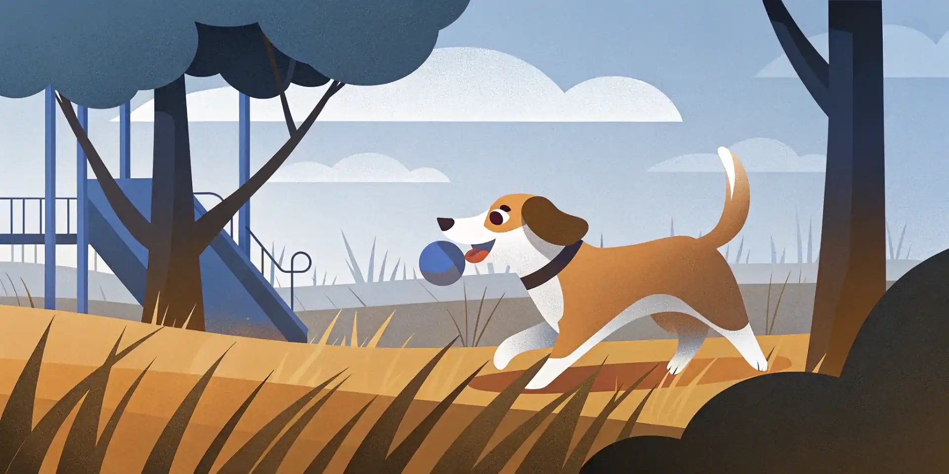 A happy and healthy adult dog playing fetch in a park.