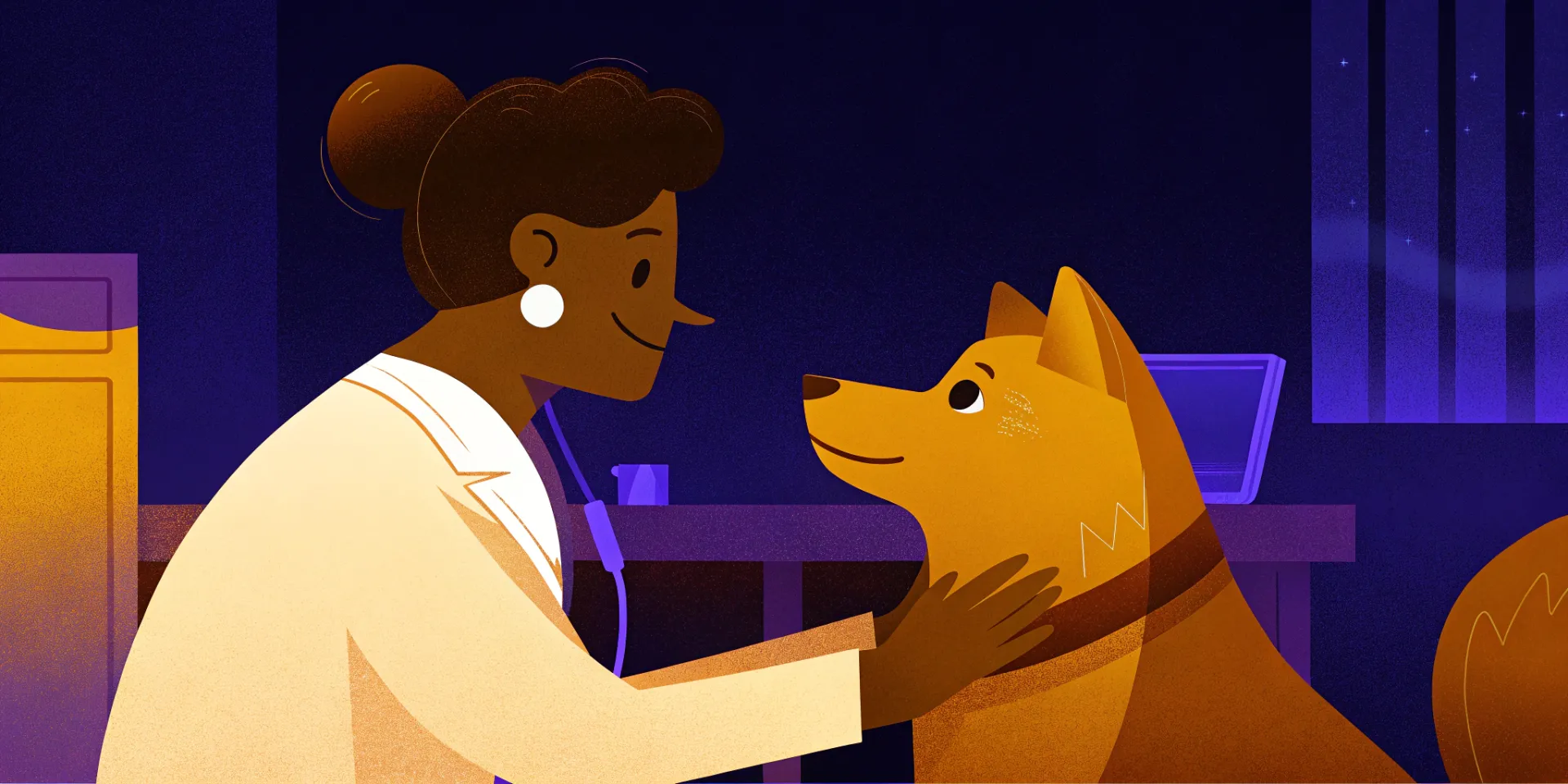 A veterinarian petting a dog after a check-up, showing a positive and friendly interaction.