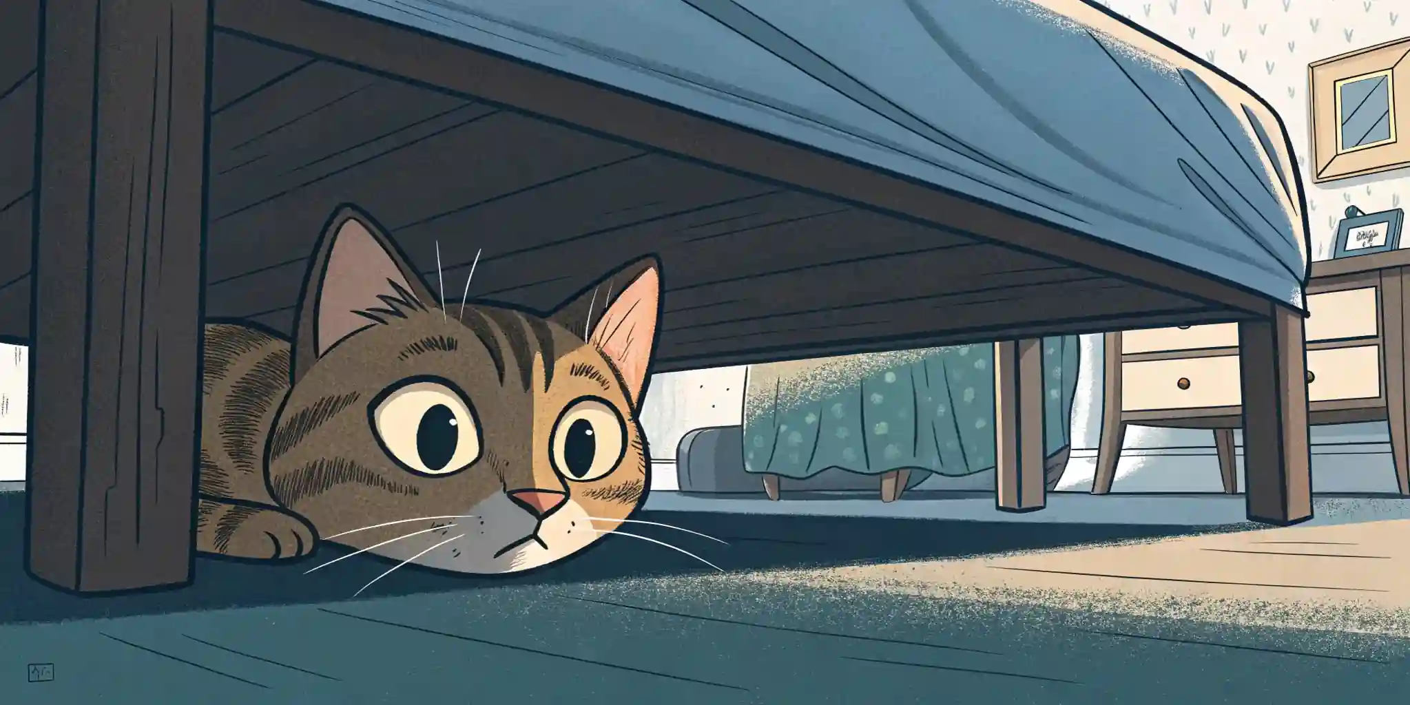 A cat hiding under a bed, illustrating stress and anxiety.
