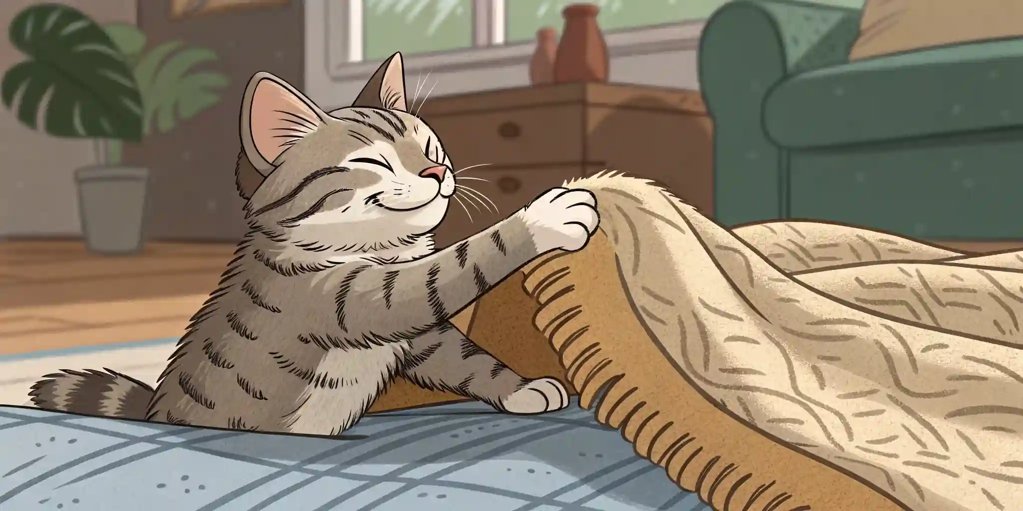 A cat kneading a soft blanket with a contented expression.