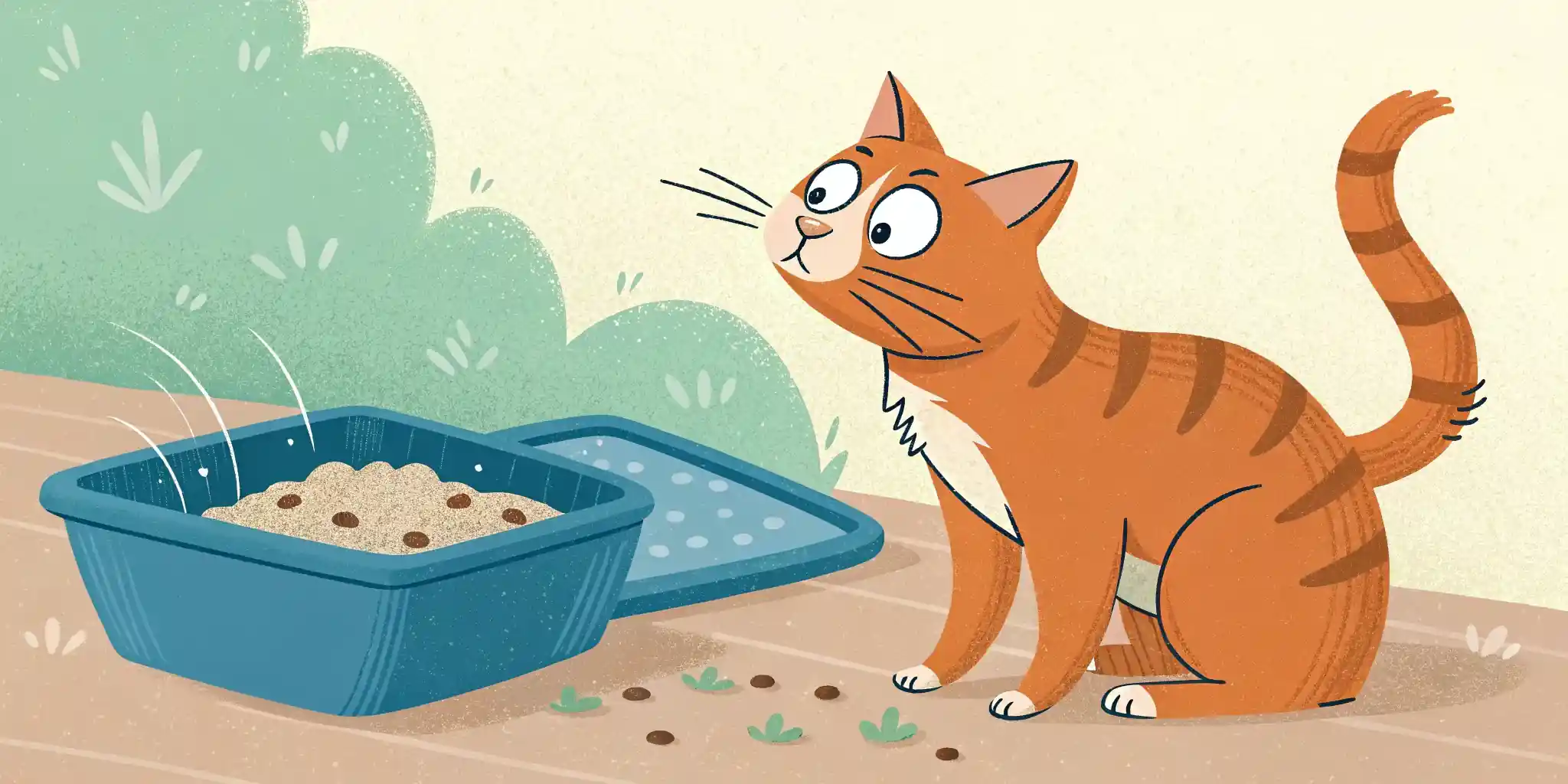 A cat looking at a messy litter box
