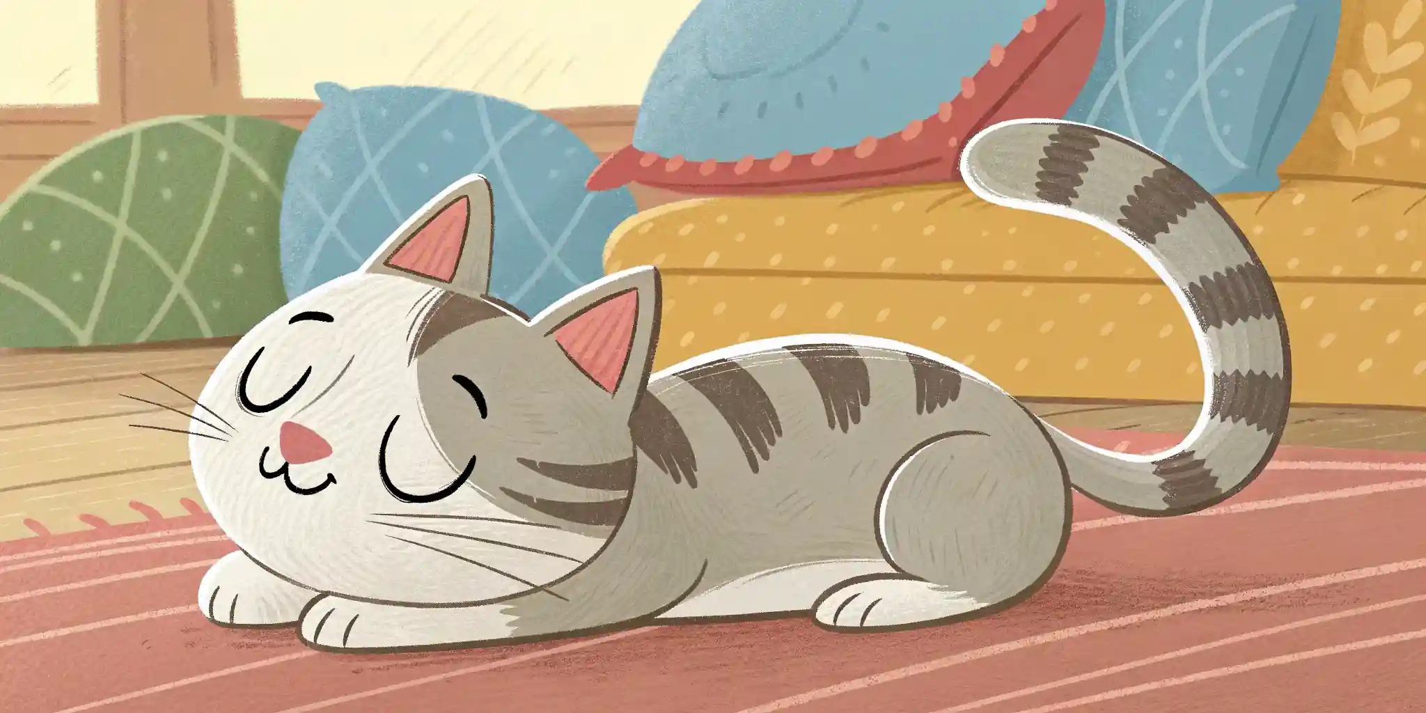 A cat lying down, relaxed, with its eyes half-closed and tail gently curled.