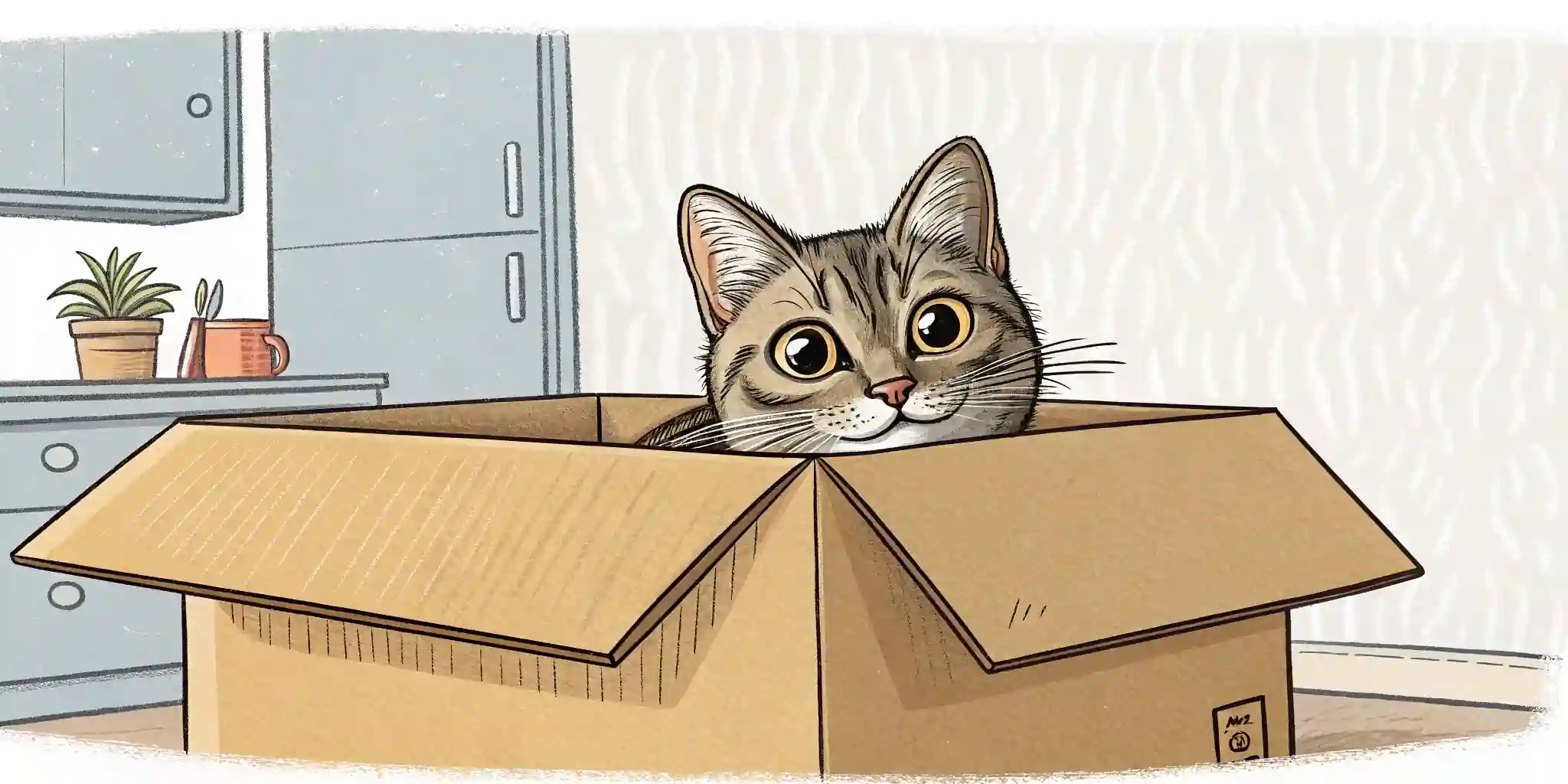 A cat peeking out from a cardboard box