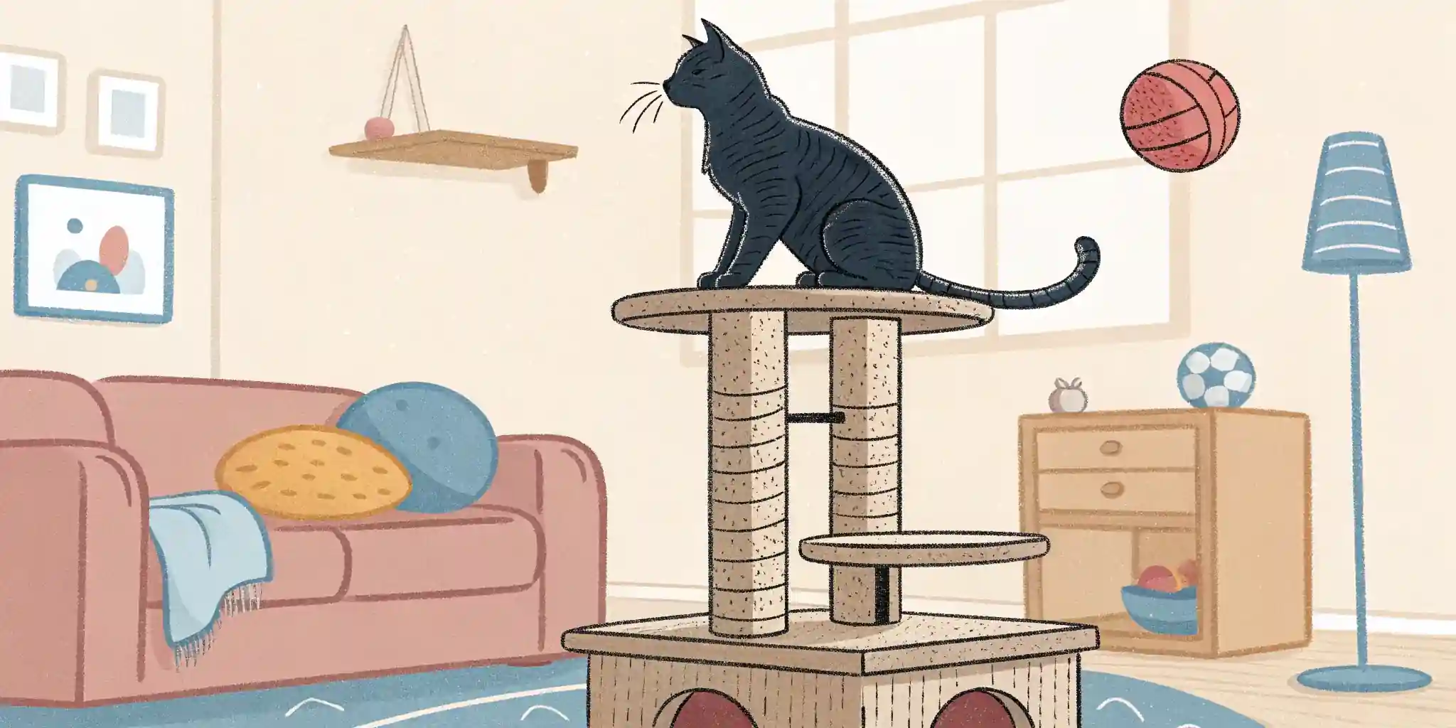 A cat perched high on a cat tree, surveying its surroundings
