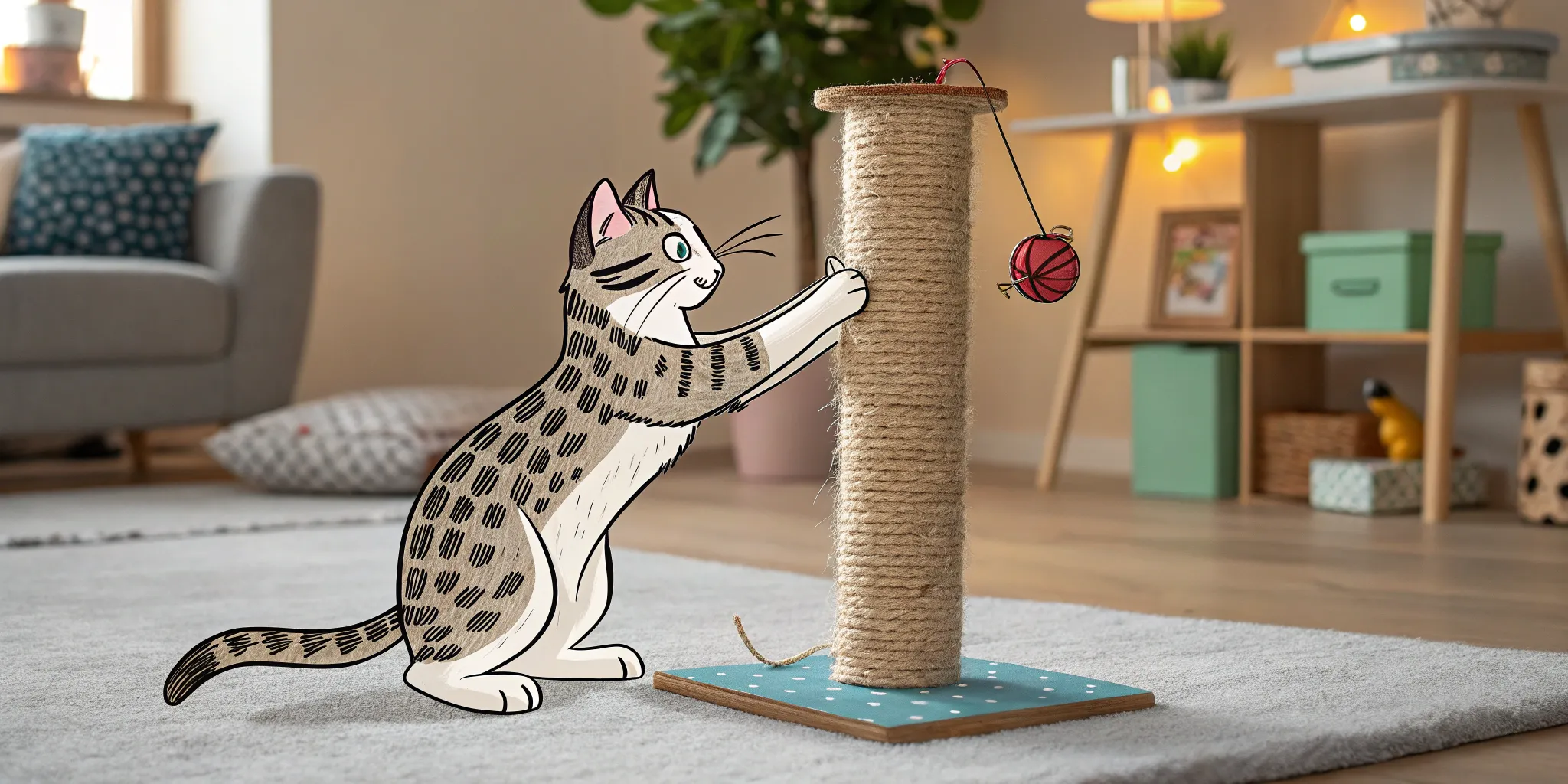 A cat playing with an interactive toy on a scratching post