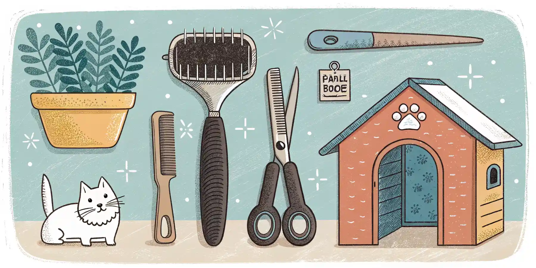 A cat's grooming supplies including brush, comb, and nail clippers