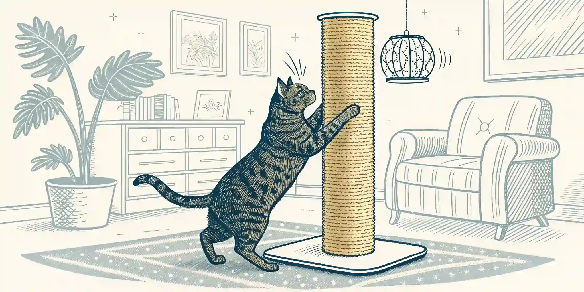 A cat scratching a scratching post with enjoyment