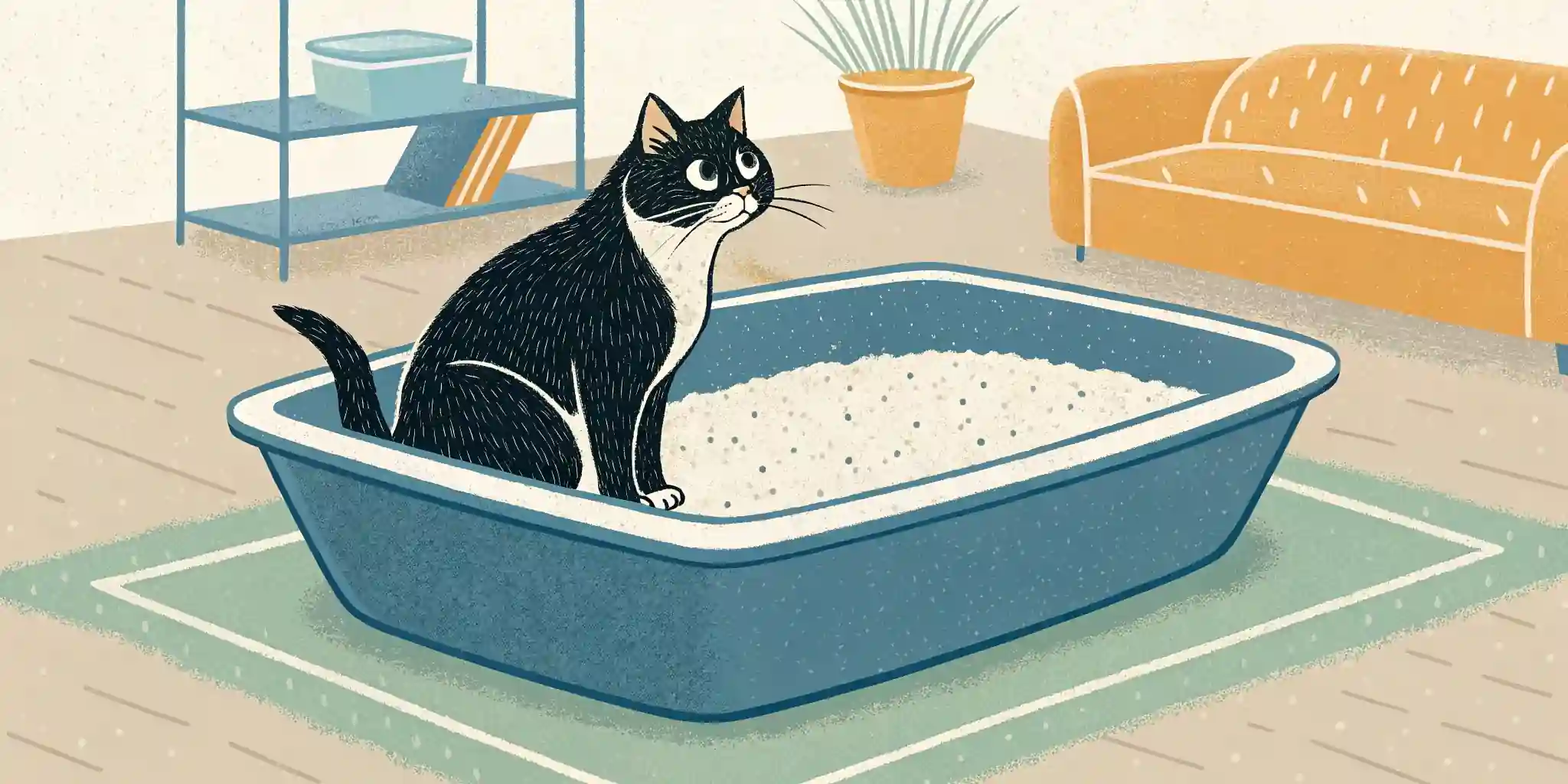 A clean litter box with a cat comfortably using it