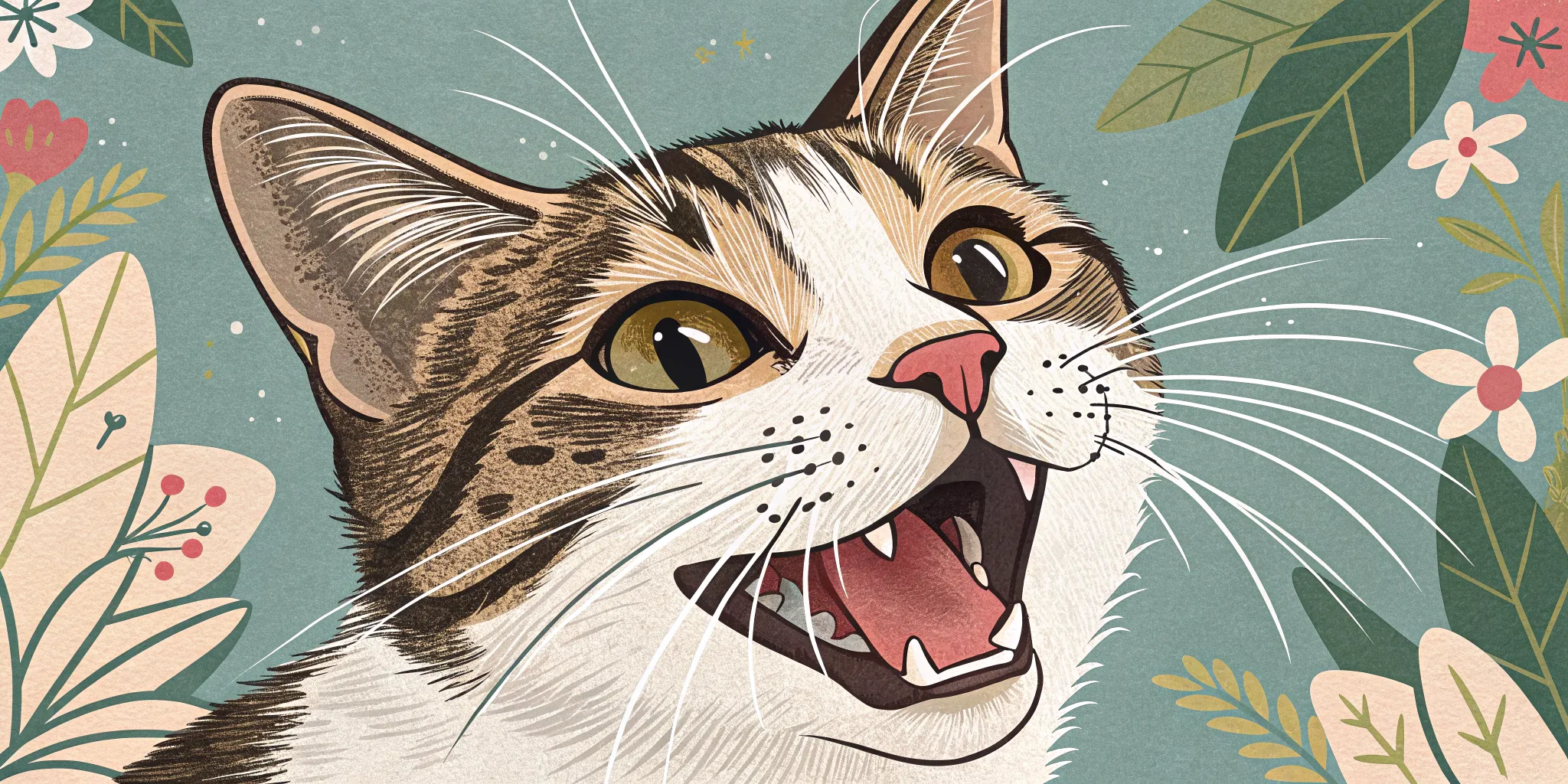 A close-up image of a cat's face, showing its mouth slightly open as if meowing.