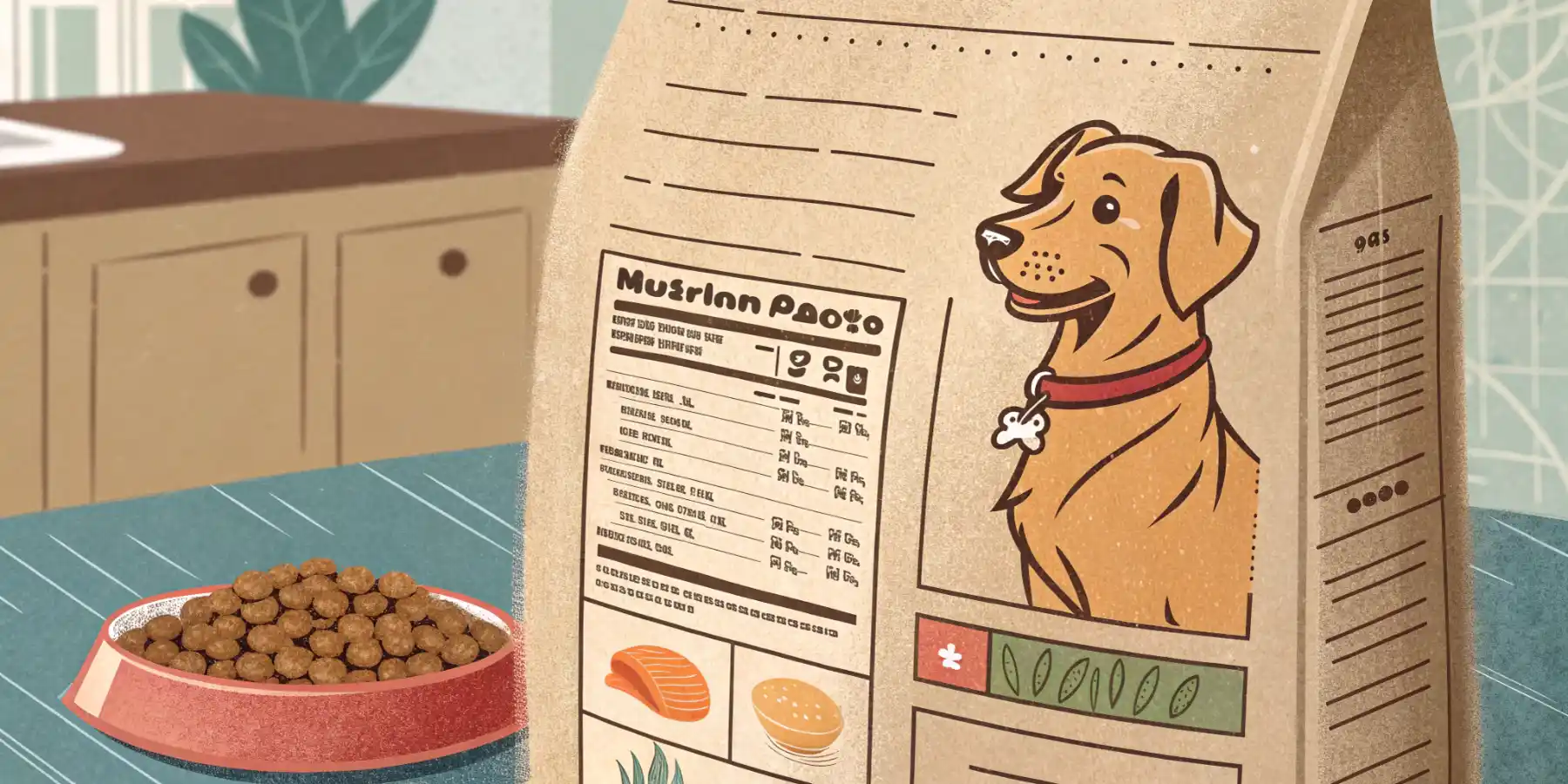 A close-up of a dog food bag highlighting key nutritional information