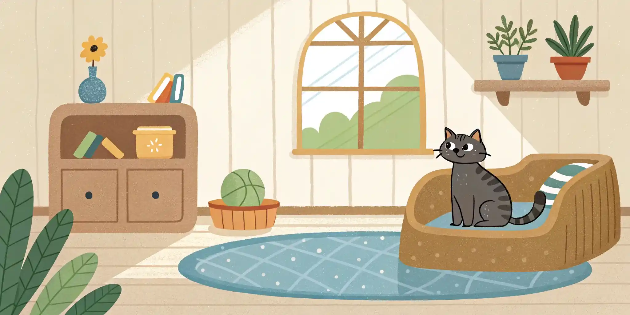 A cozy, well-equipped room for a new cat