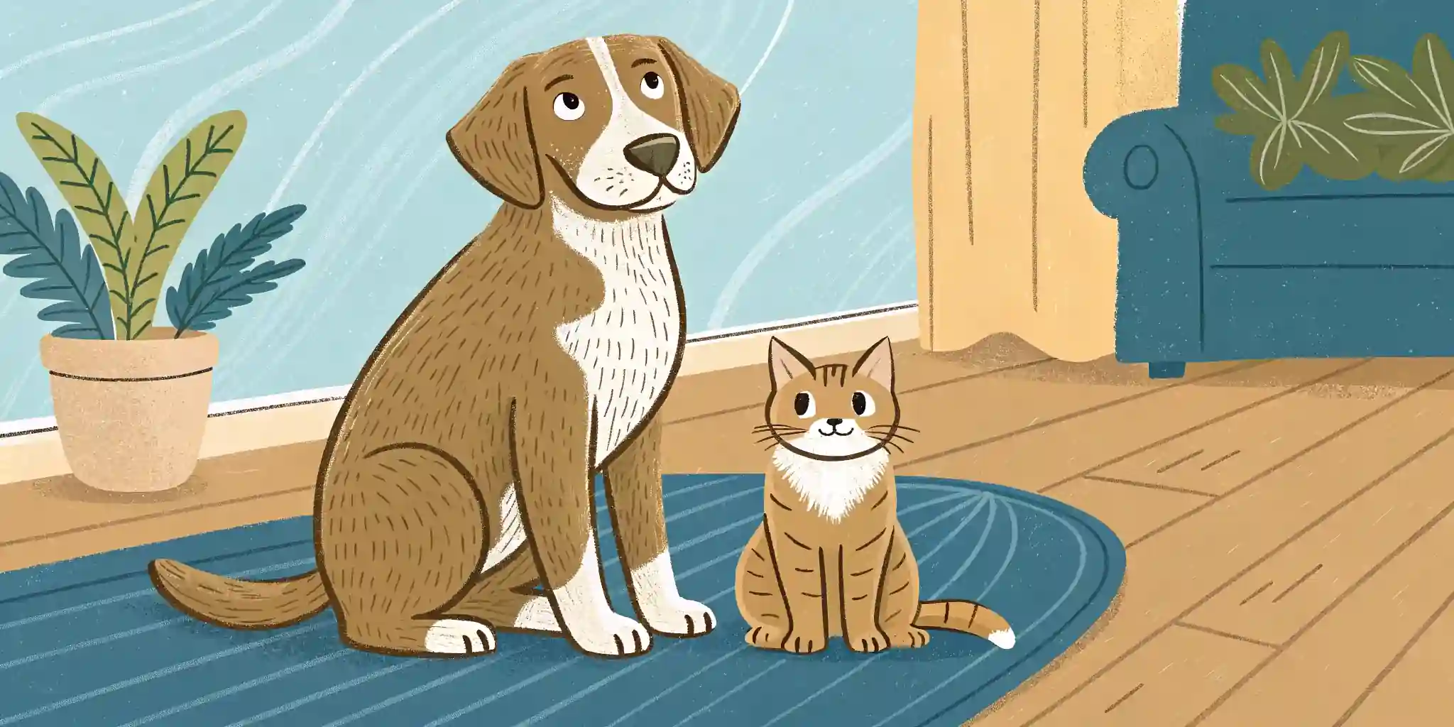 A dog and a cat calmly sitting near each other in a home environment