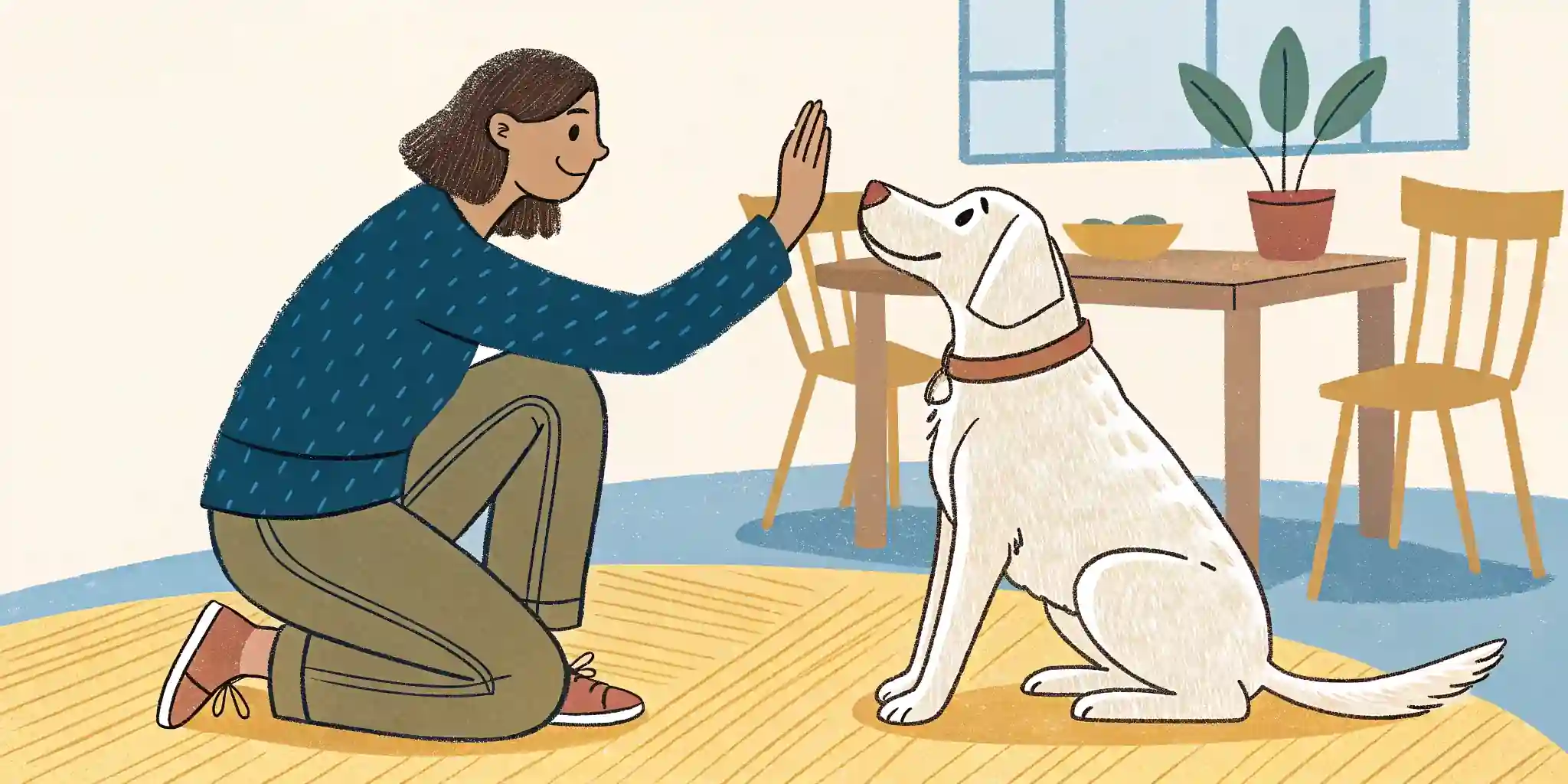 A dog calmly sitting next to its owner as they greet a guest