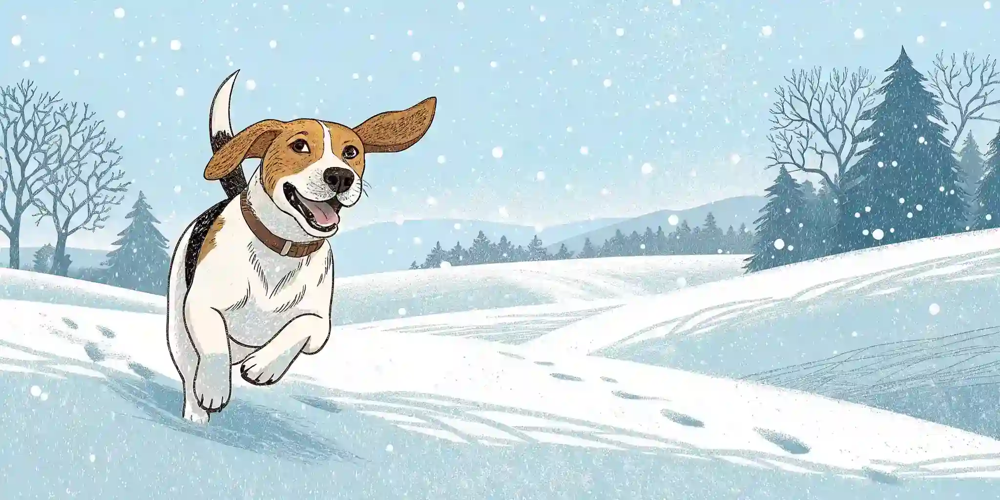 A happy dog running through a snowy field