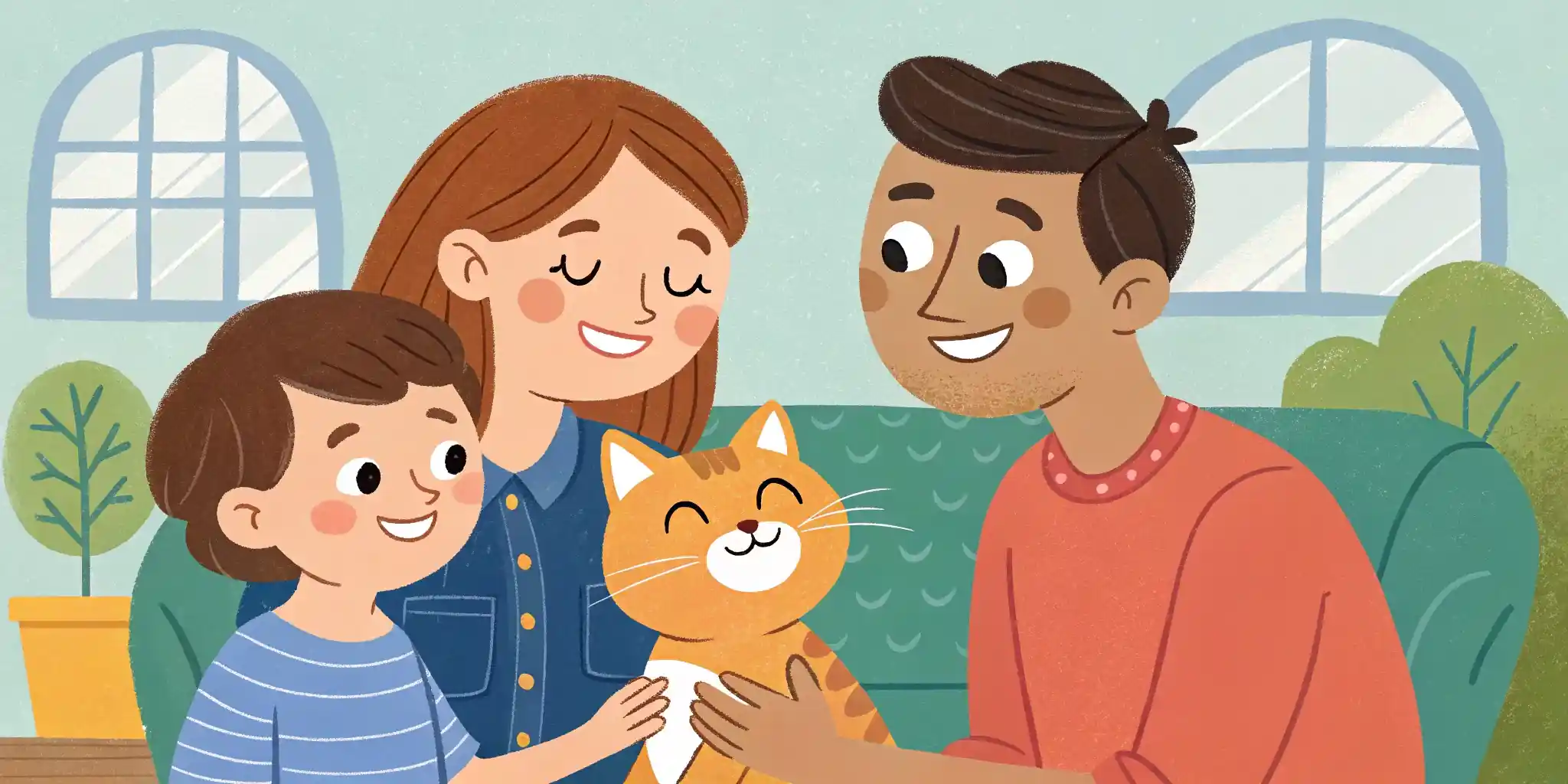 A happy family with their cat