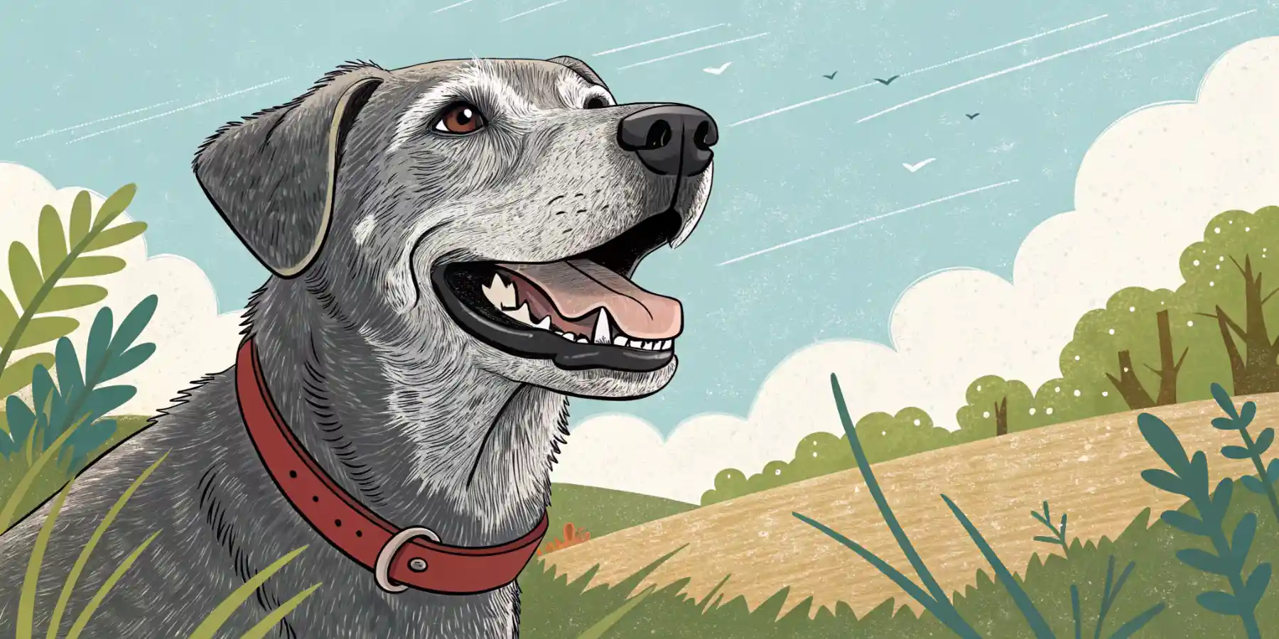 A happy senior dog with graying muzzle smiling outdoors