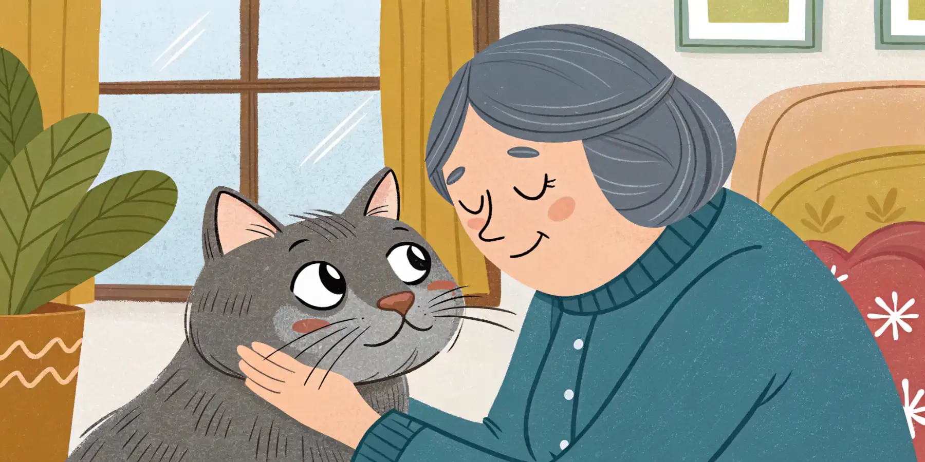A loving owner gently petting a senior cat.
