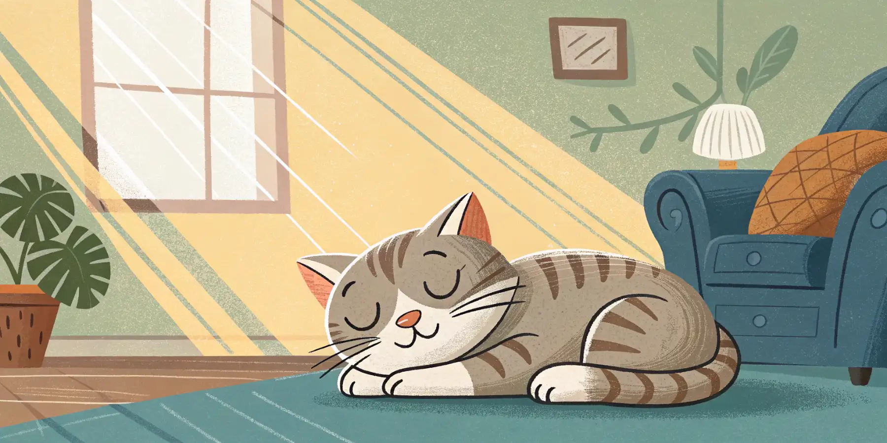 A senior cat sleeping peacefully in a sunbeam, looking content and relaxed.