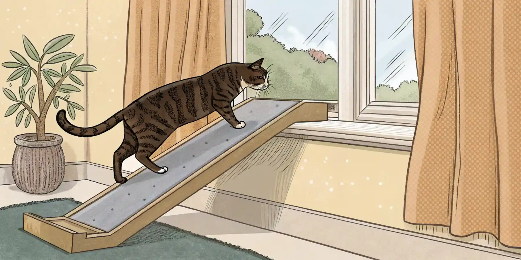 A senior cat using a ramp to access a favorite window perch.