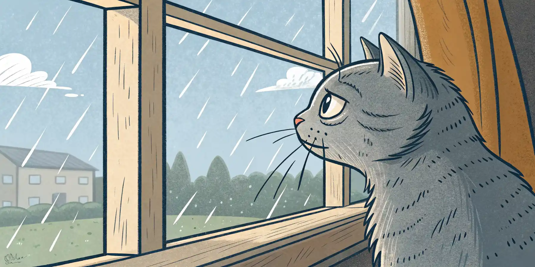 A senior cat with cloudy eyes looking pensively out a window