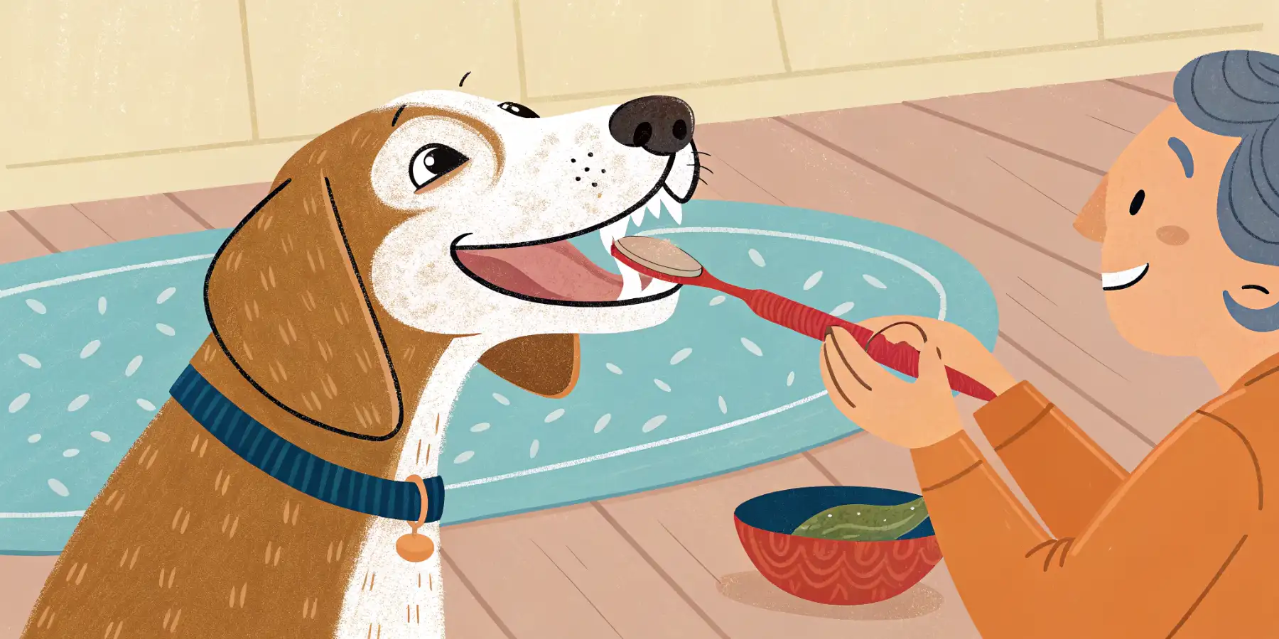 A dog getting his teeth brushed by his owner