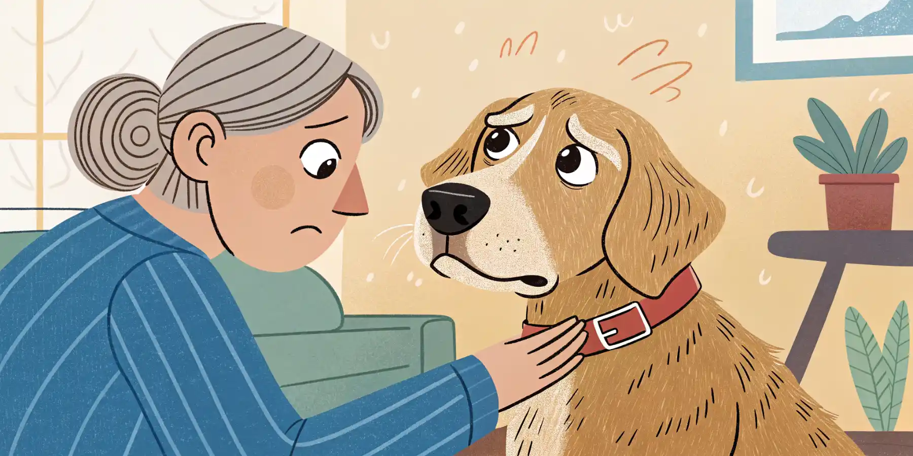A senior dog looking confused with a concerned owner petting them