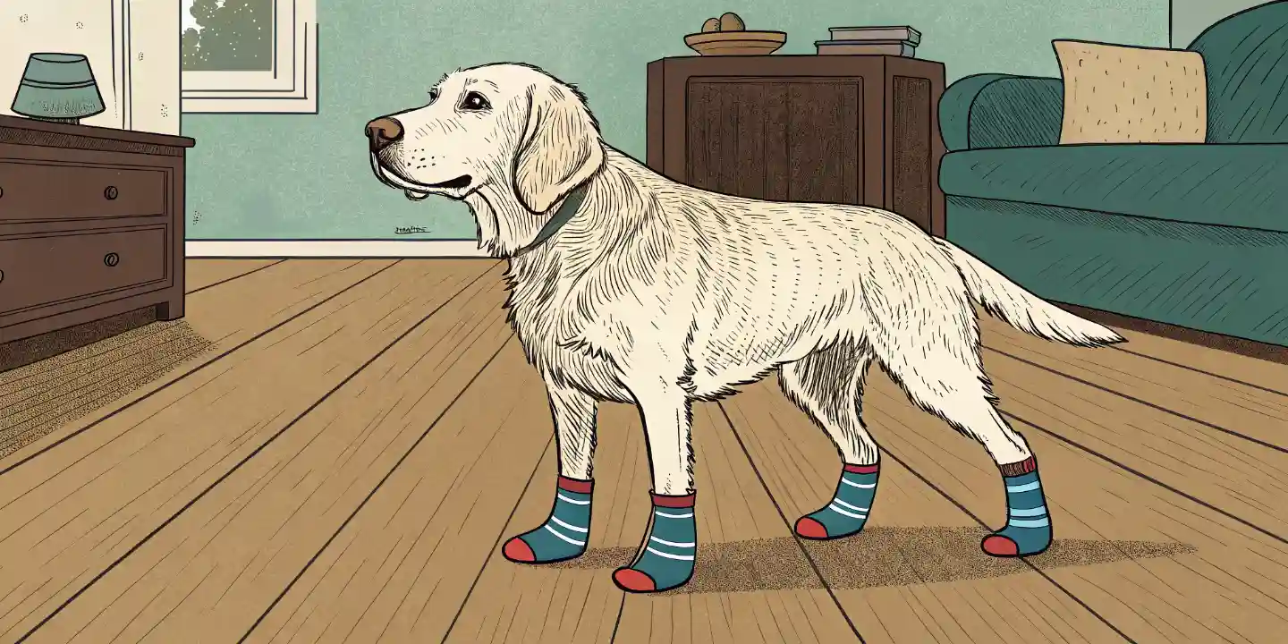 A senior dog wearing non-slip socks on a hardwood floor