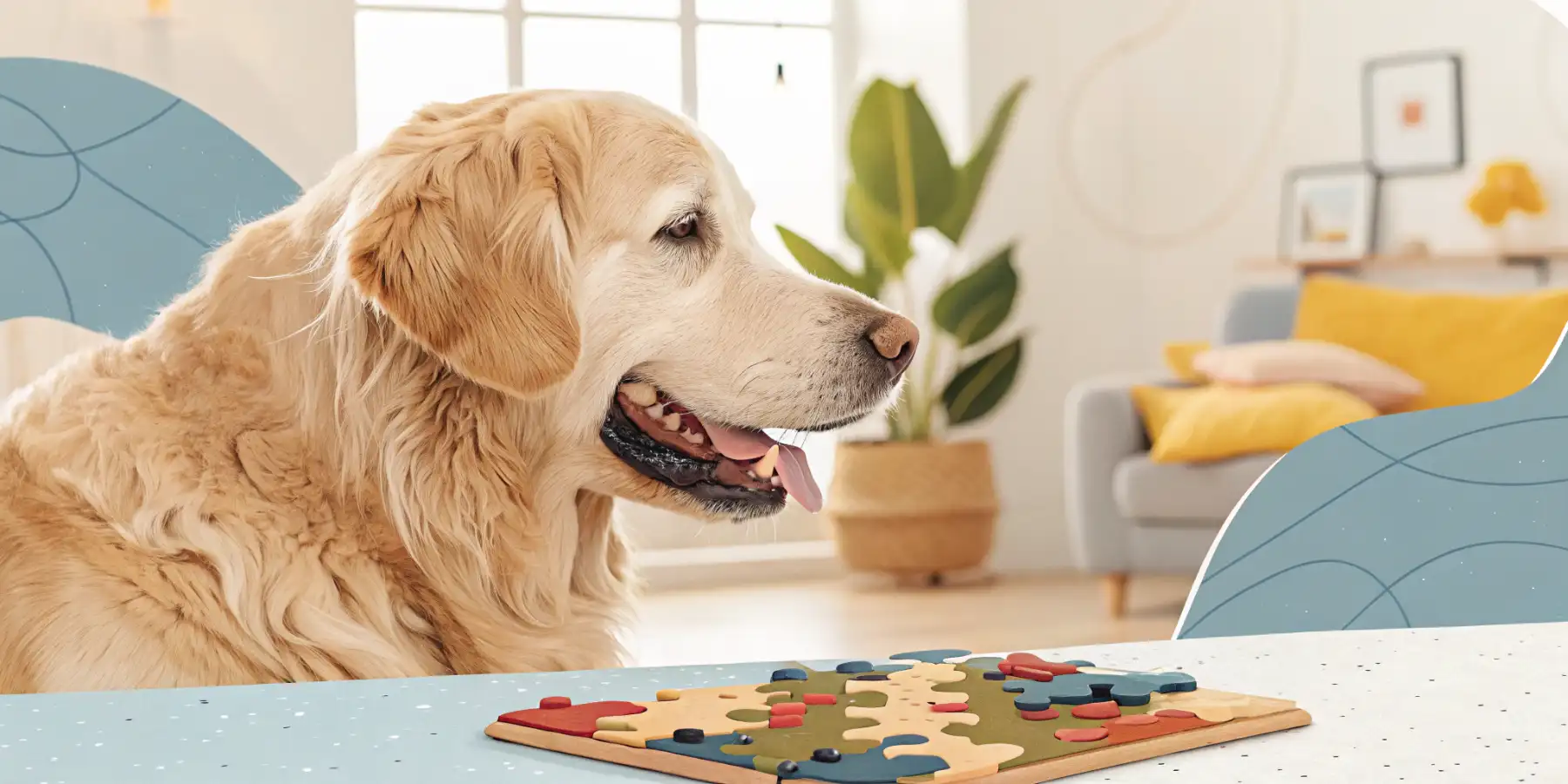 A senior Golden Retriever happily working on a puzzle toy.