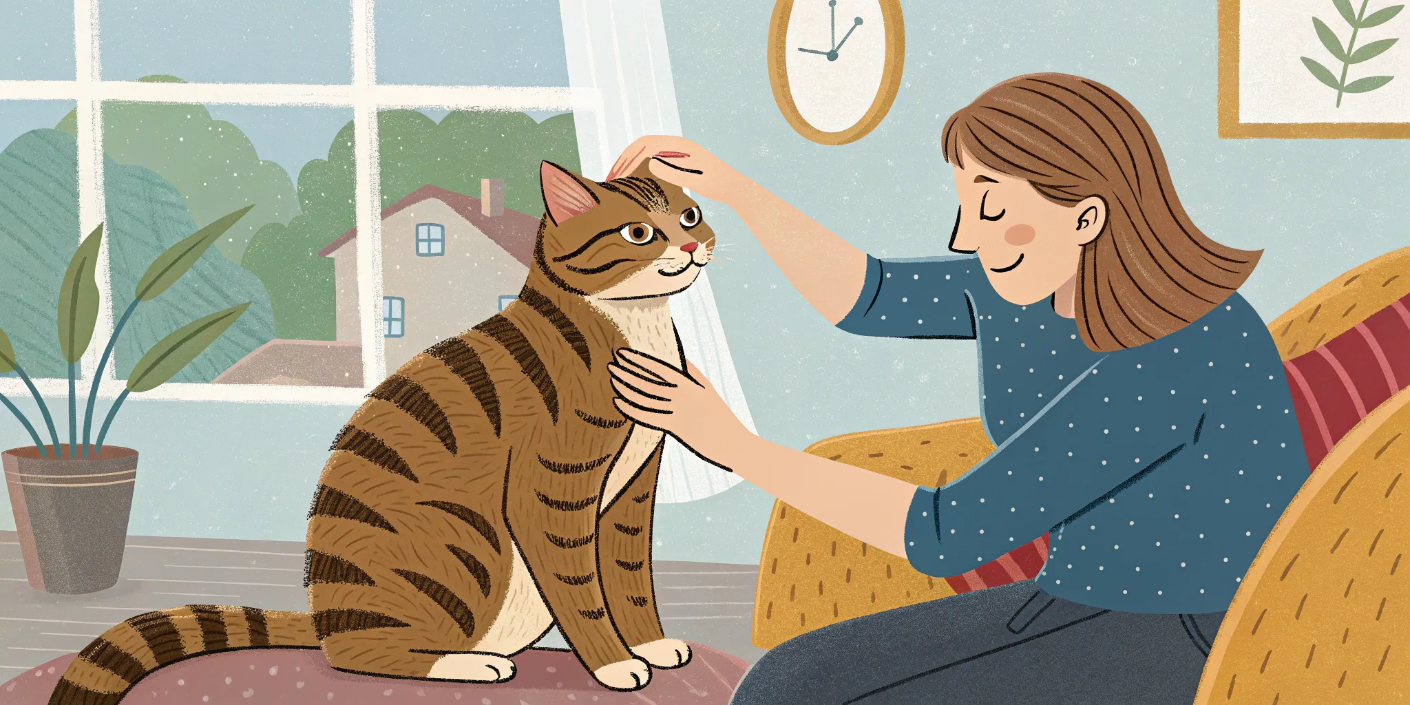 A tabby cat being gently brushed by its owner