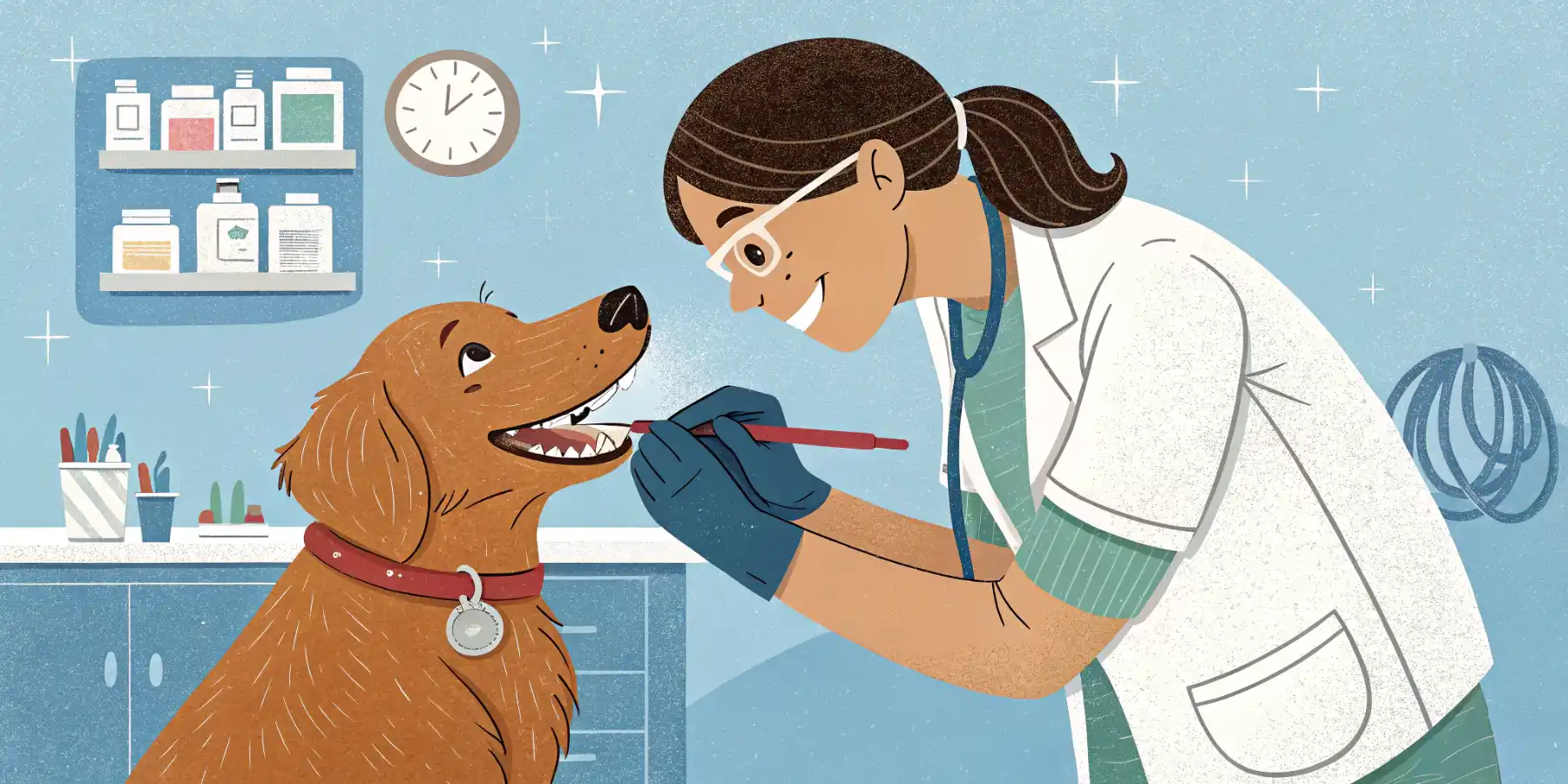 A veterinarian demonstrating proper teeth brushing technique on a dog
