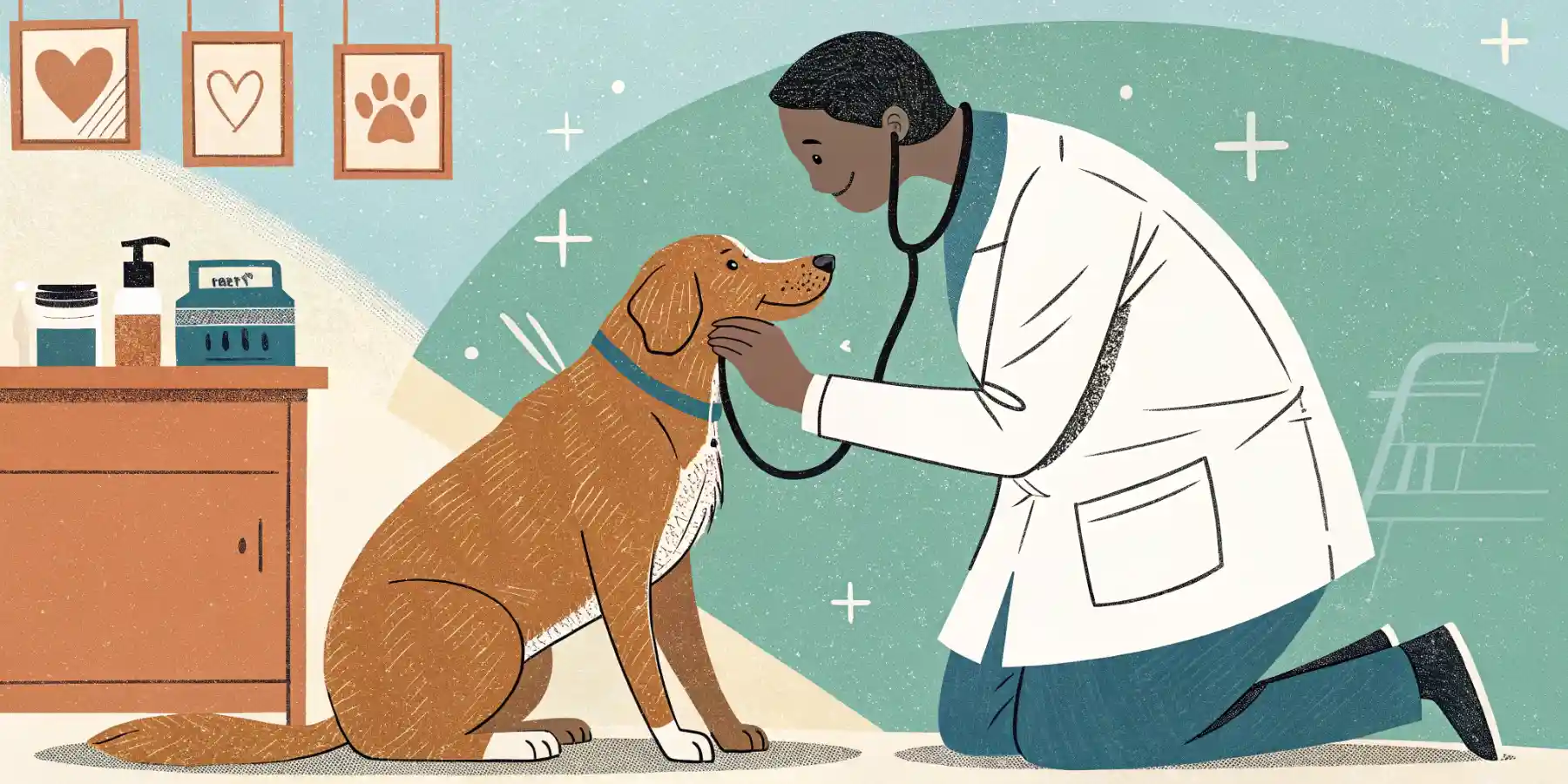 A veterinarian examining a senior dog