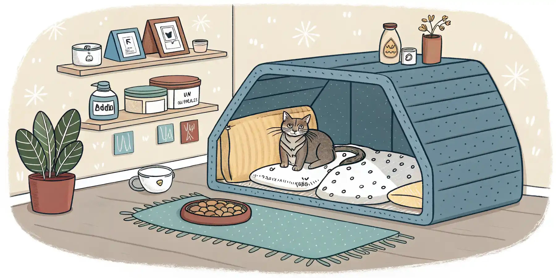 A well-lit and comfortable space for a senior cat, with soft bedding and easy access to essentials.