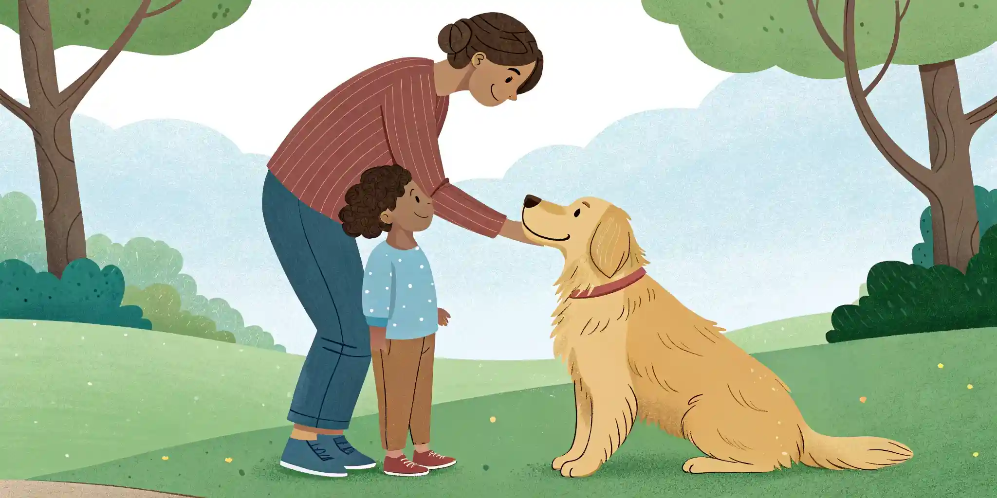 A young child gently petting a golden retriever under adult supervision