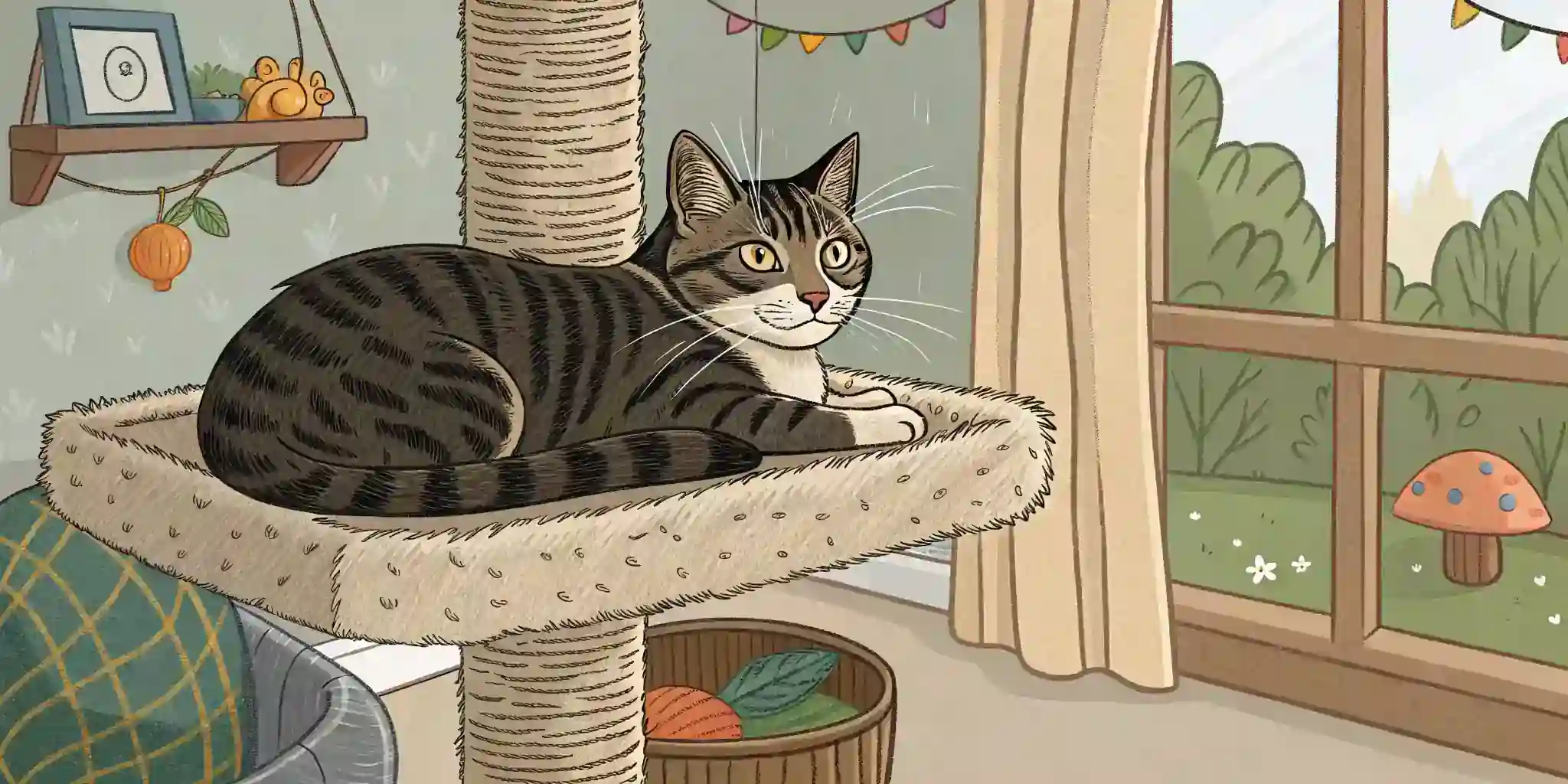 Adult cat resting on a cat tree, looking content