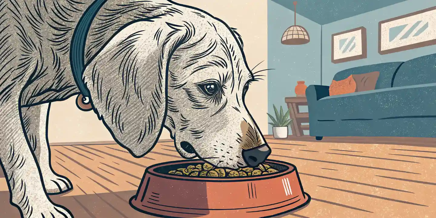 An elderly dog eating from an elevated food bowl