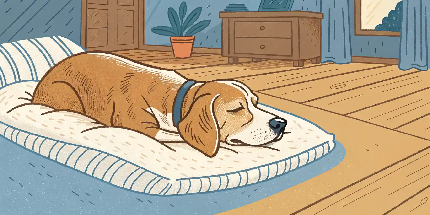 An elderly dog sleeping comfortably on a soft bed